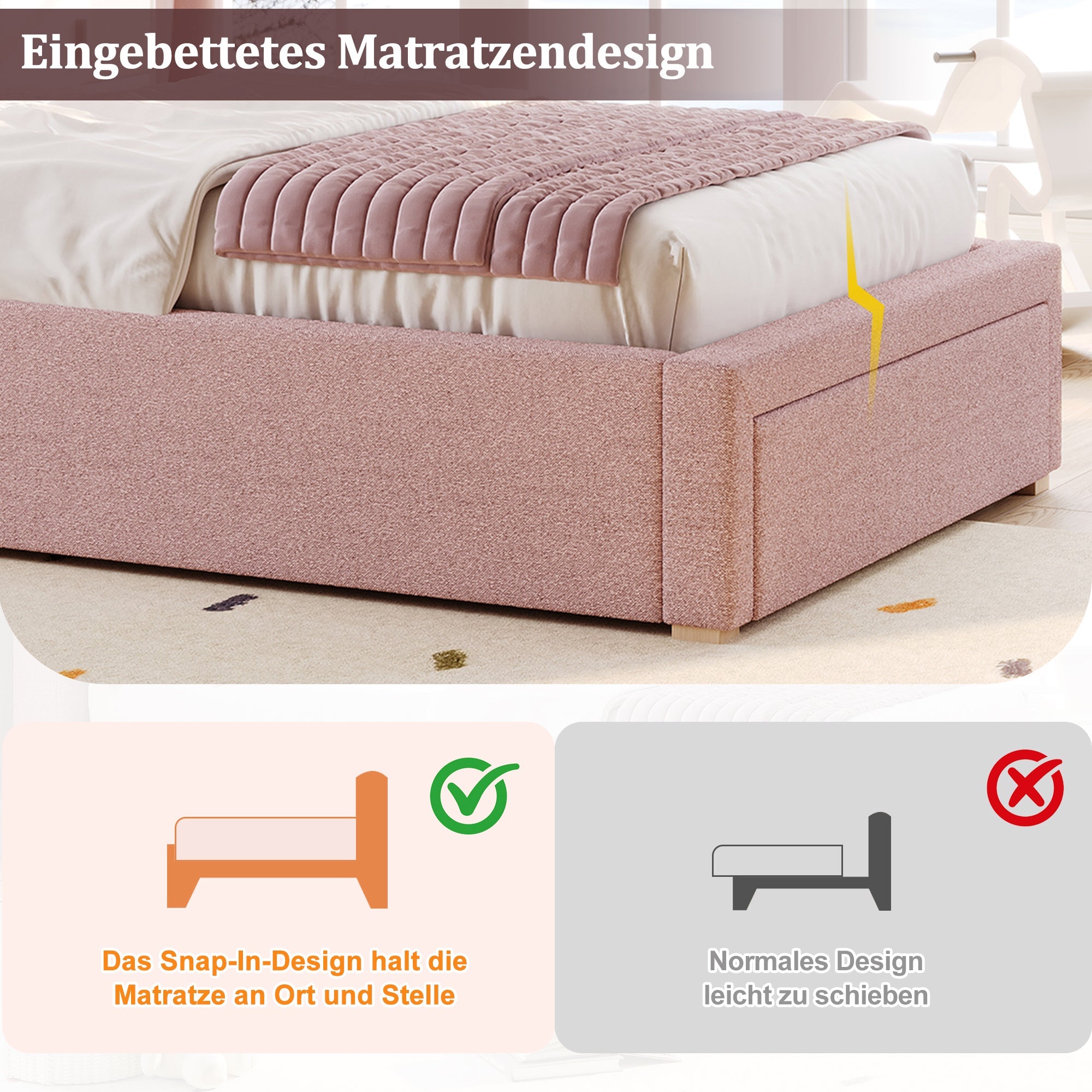 Logidon gestoffeerd bed 90x200 roze chenille met opbergruimte en lattenbodem