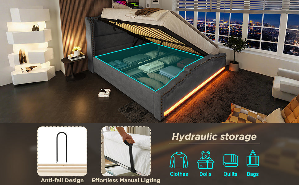 Logidon gestoffeerd bed 160x200 grijs fluweel met opbergruimte LED USB C