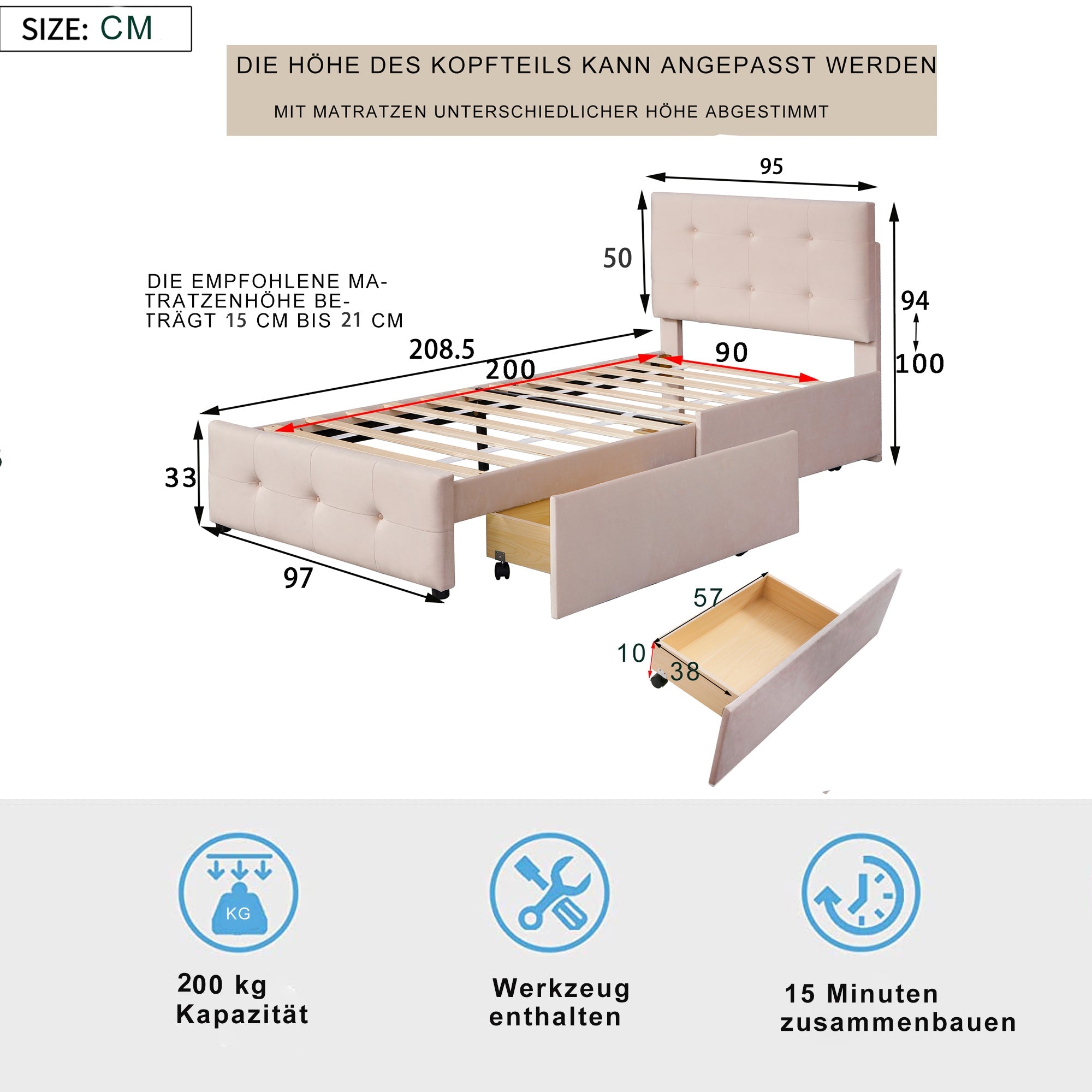 Logidon gestoffeerd bed 90x200 beige met lattenbodem en twee lades