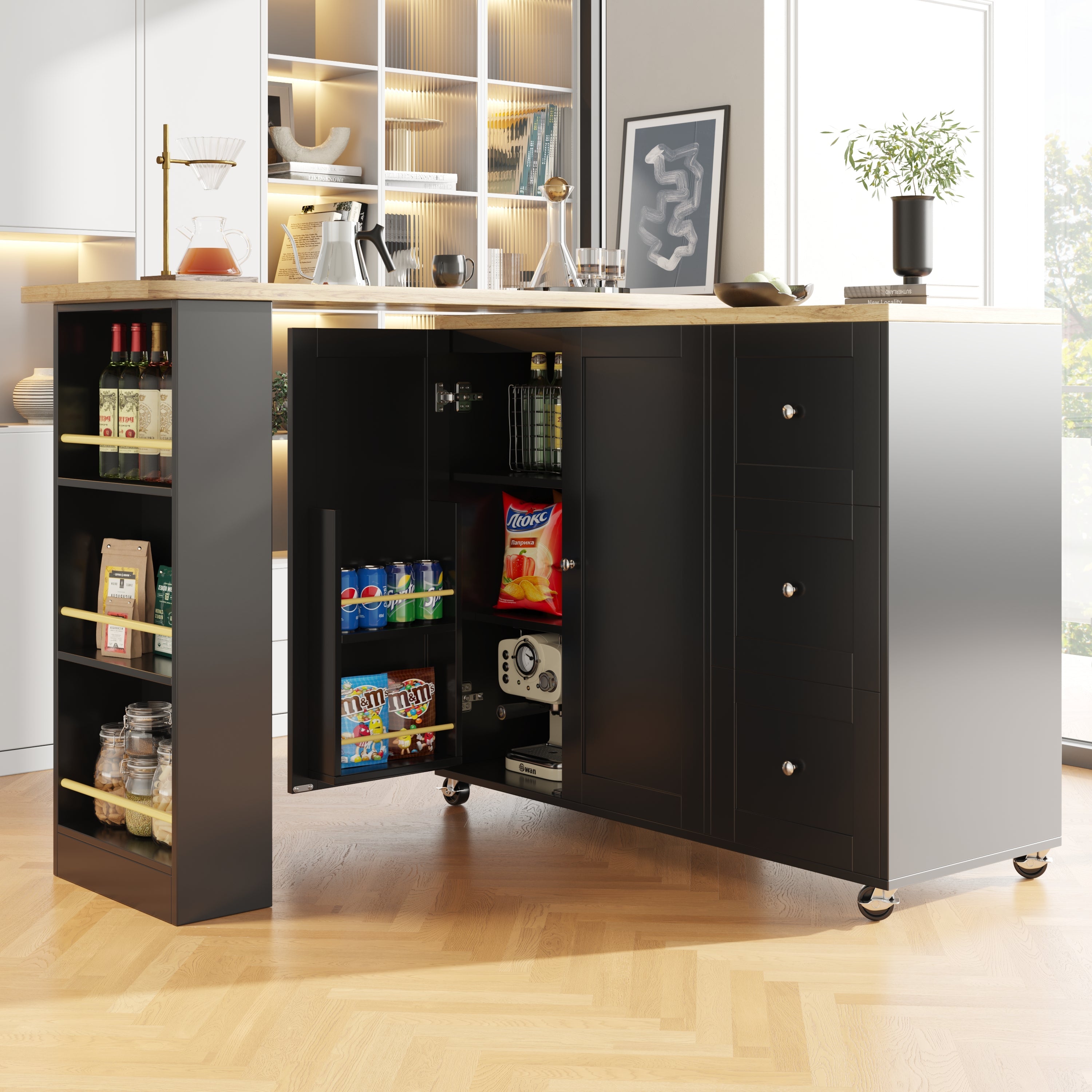 Logidon 360 graden draaibare eettafel zwart 138-209x39x104 met wielen