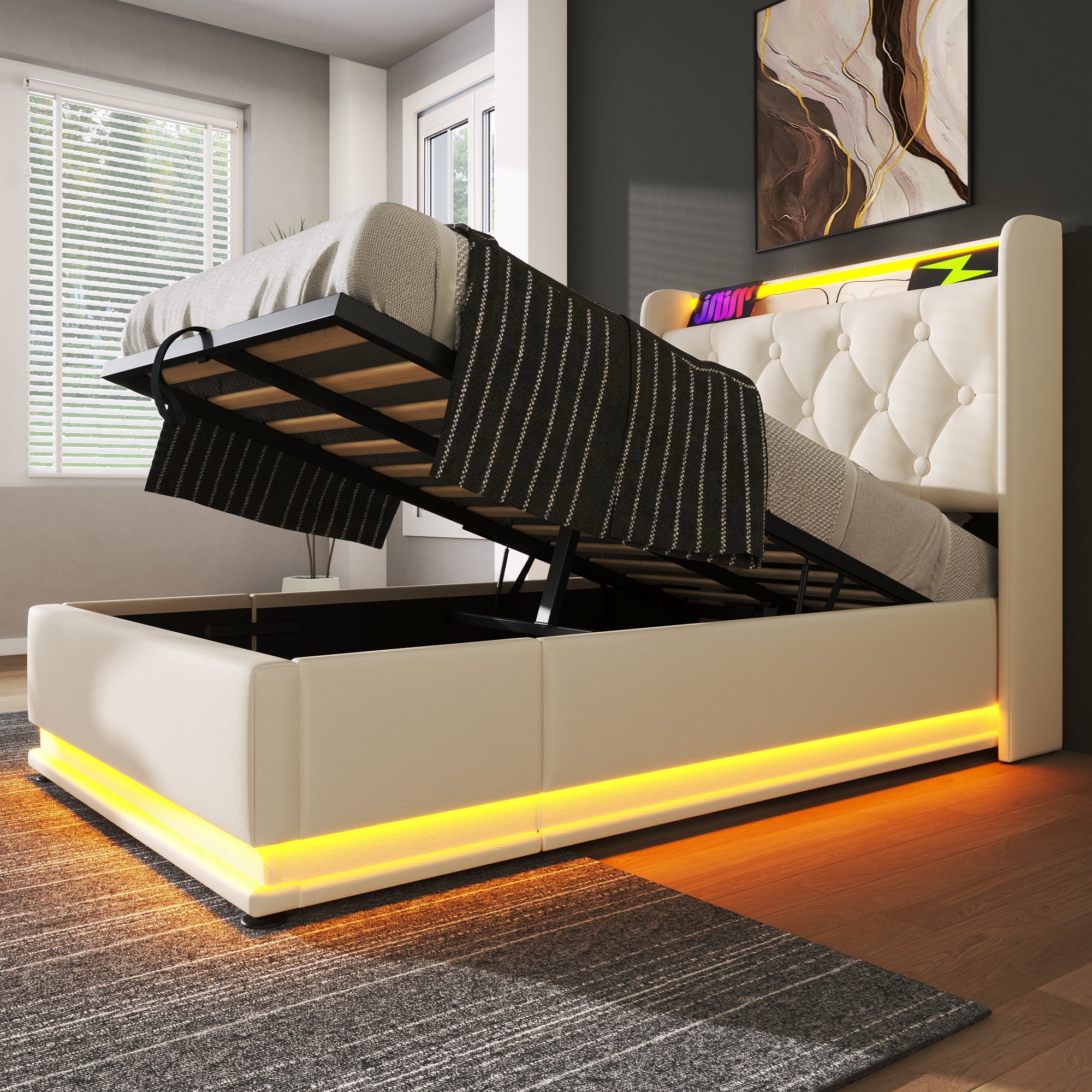 Logidon gestoffeerd bed eenpersoons 90x200 cm wit PU 360 SurroundLED USB C oplaadfunctie