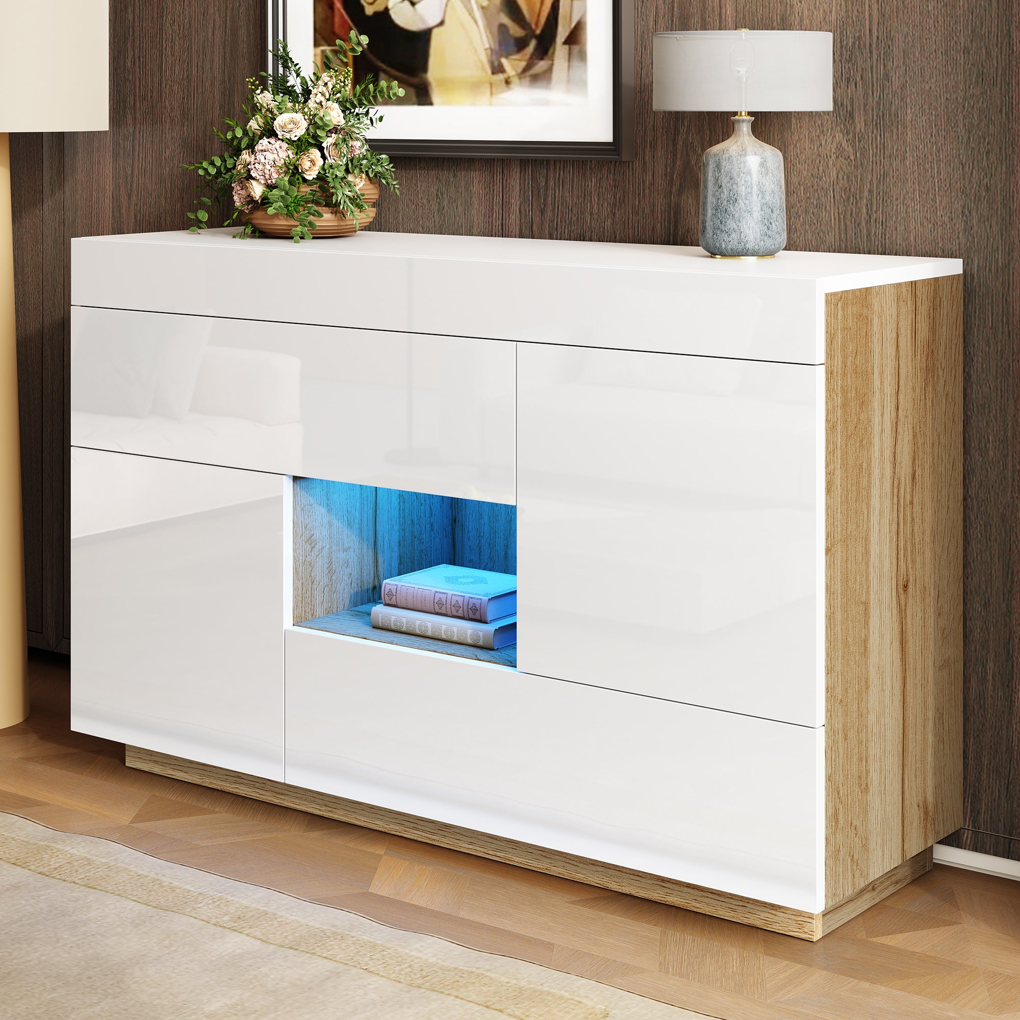 Logidon dressoir hoogglans wit vitrinekast LED 16 kleuren 120x37x76,5 cm