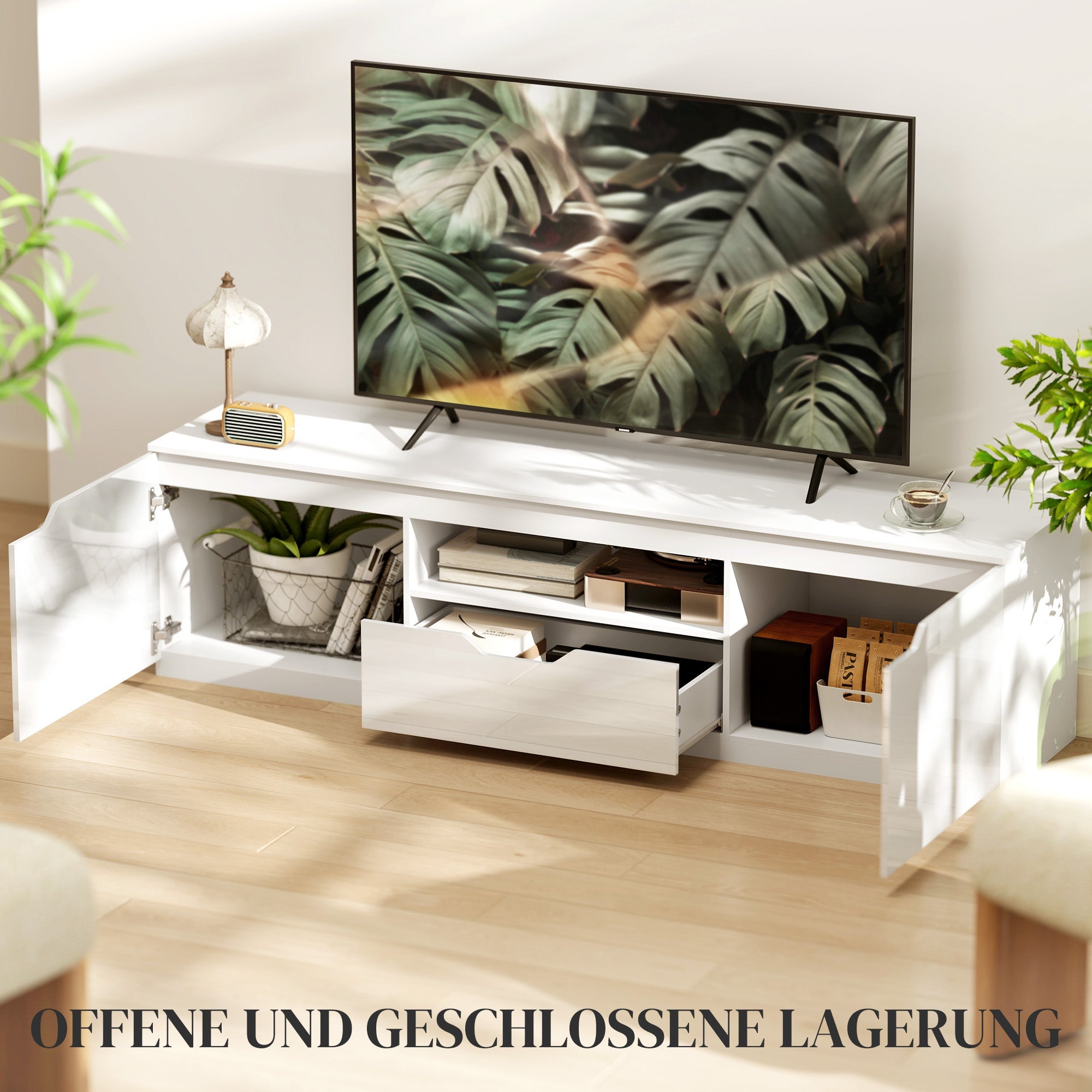 Logidon TV-meubel wit 160 cm lowboard met 2 deuren kabeldoorvoer