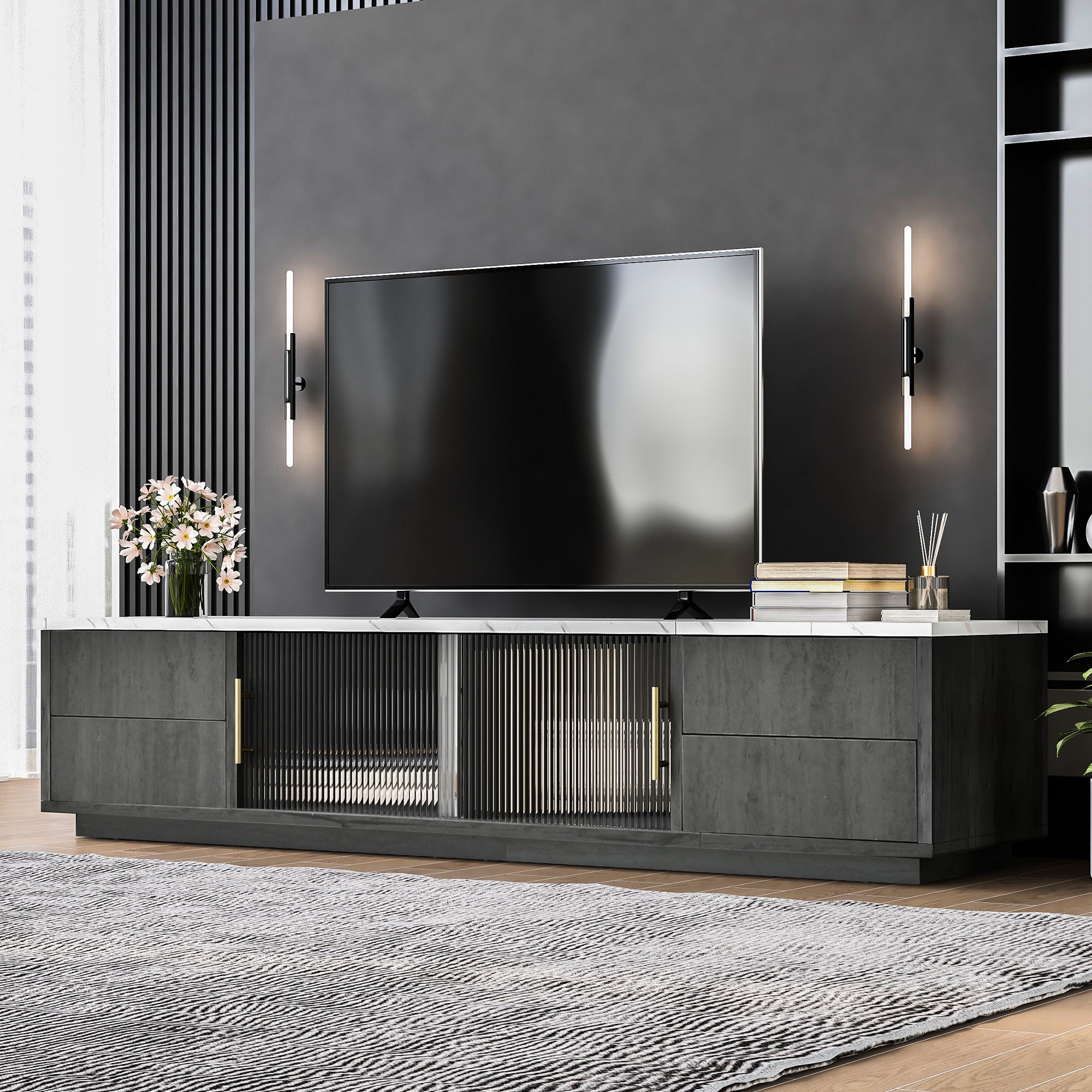 Logidon Deluxe TV-meubel 160 cm grijze marmerlook laden met openklapbare lades