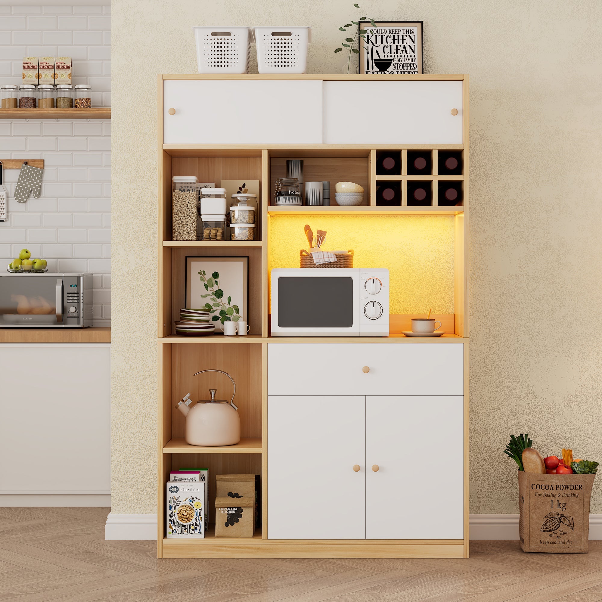Logidon keukenkast buffet met LED-verlichting, 115x35x180 cm, naturel