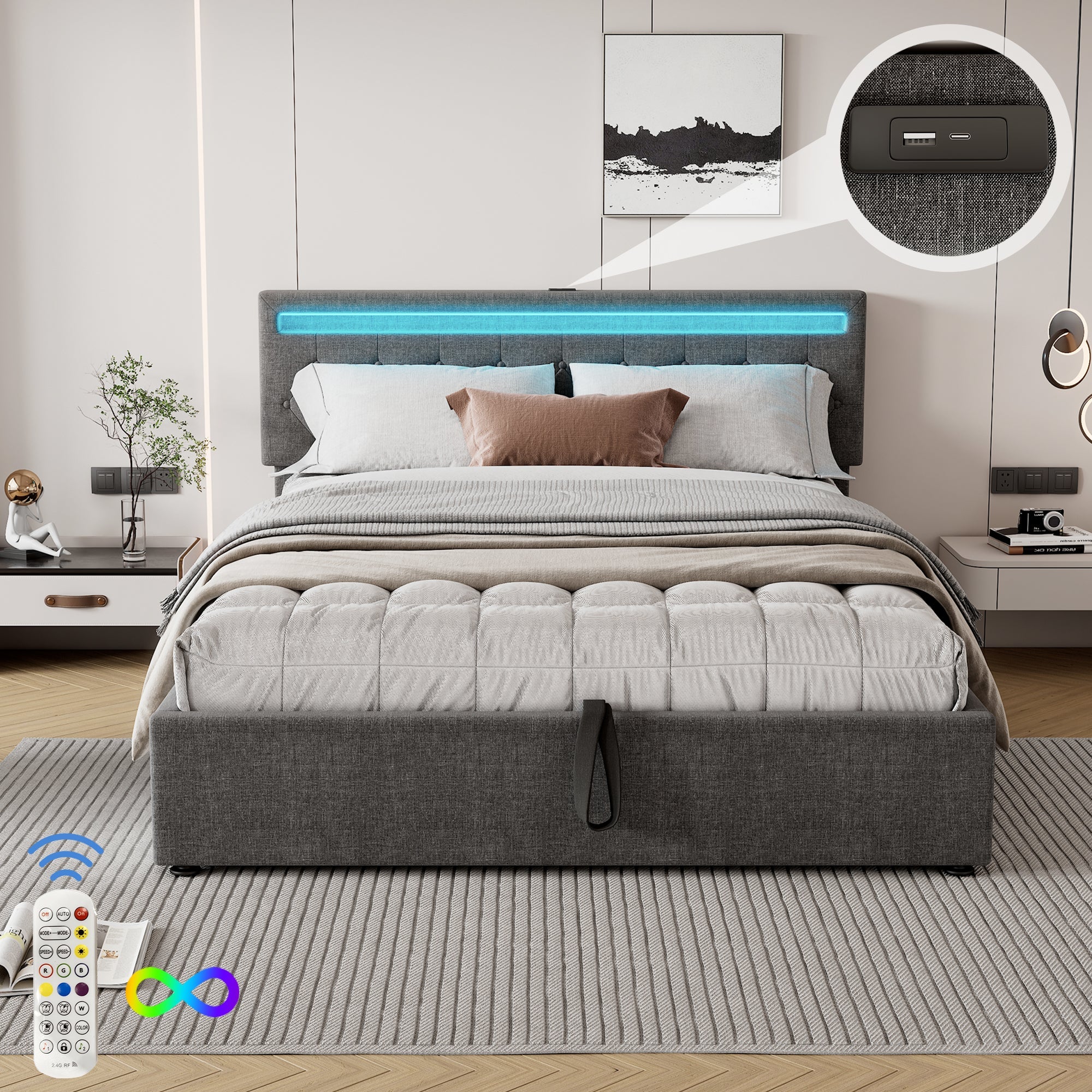 Logidon grijs gestoffeerd bed 160x200 cm met LED Ambient USB-C