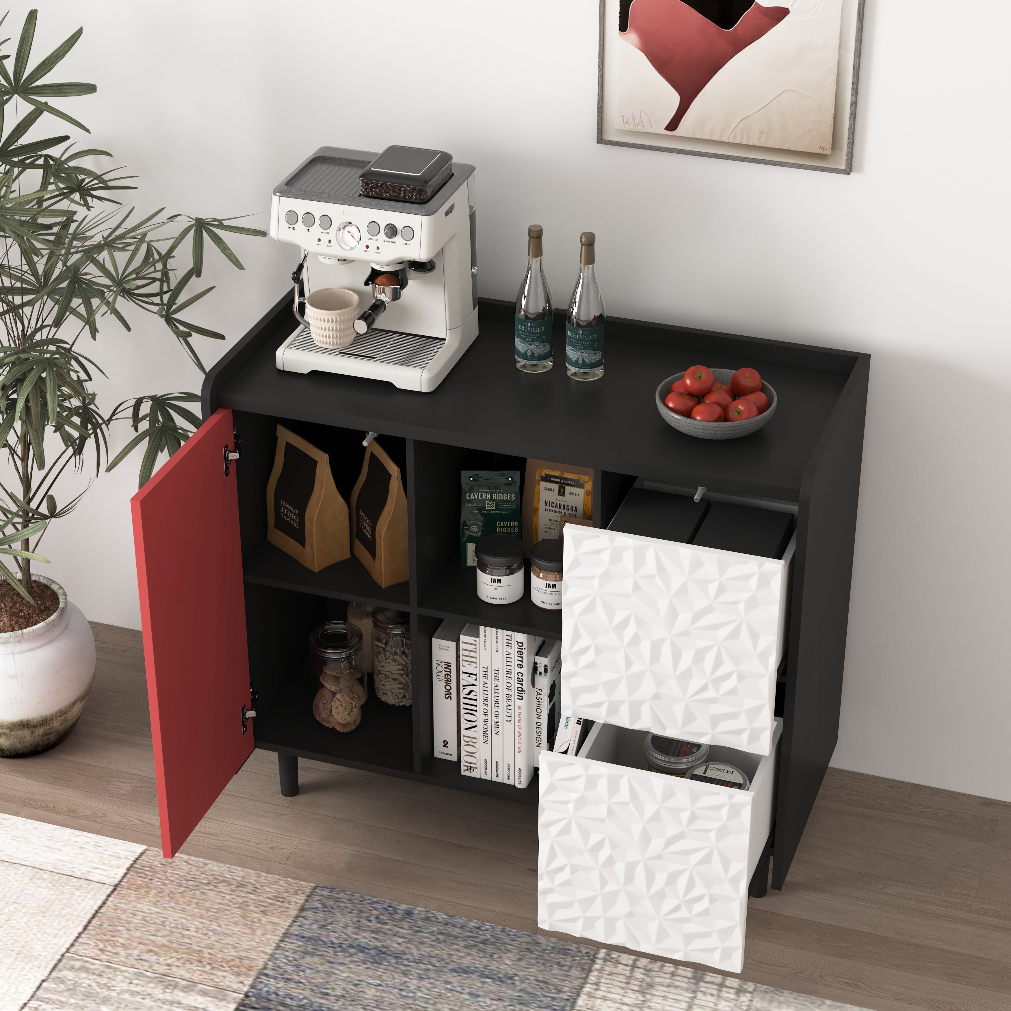 Logidon Dressoir Zwart Met Rode Deuren 2 Lades 90x40x80 cm