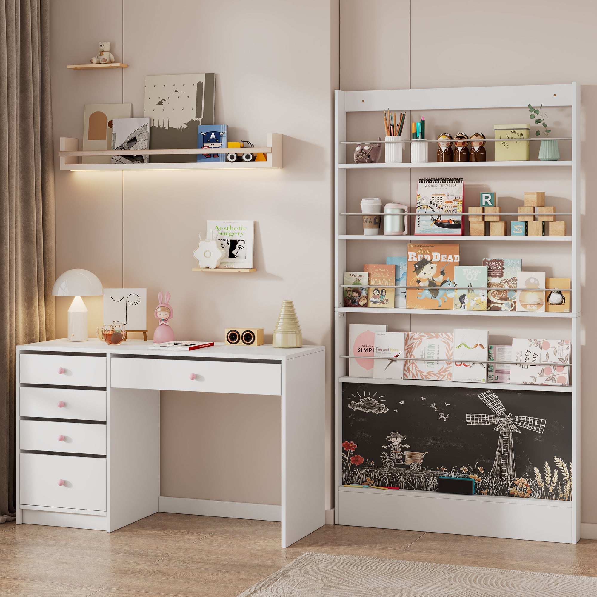 Logidon prentenboekenplank wit anti-tip zwart bord 100 x 10 x 180 cm