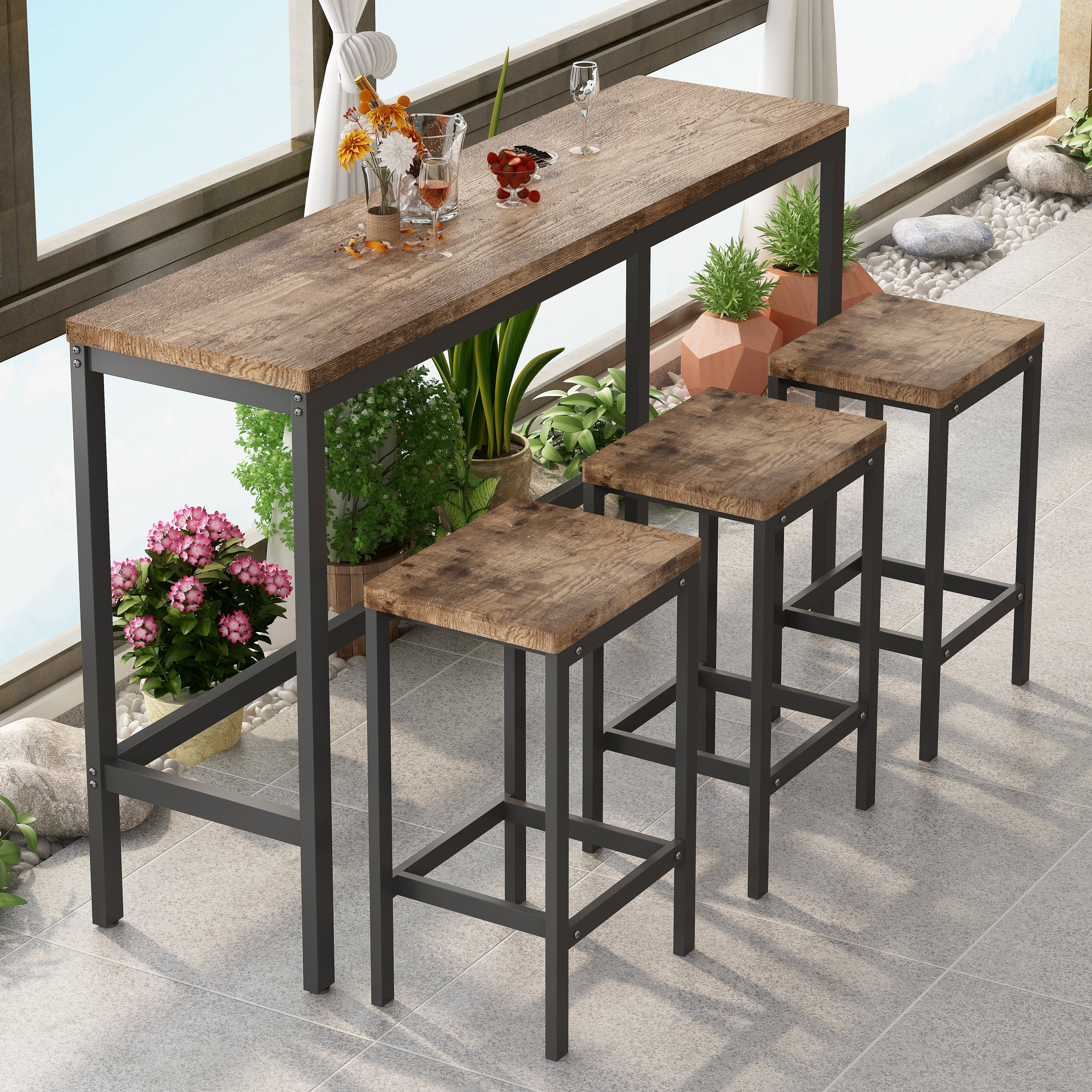 Logidon Modern Kitchen Dining Table Set with 3 Stools Natural L 153 cm