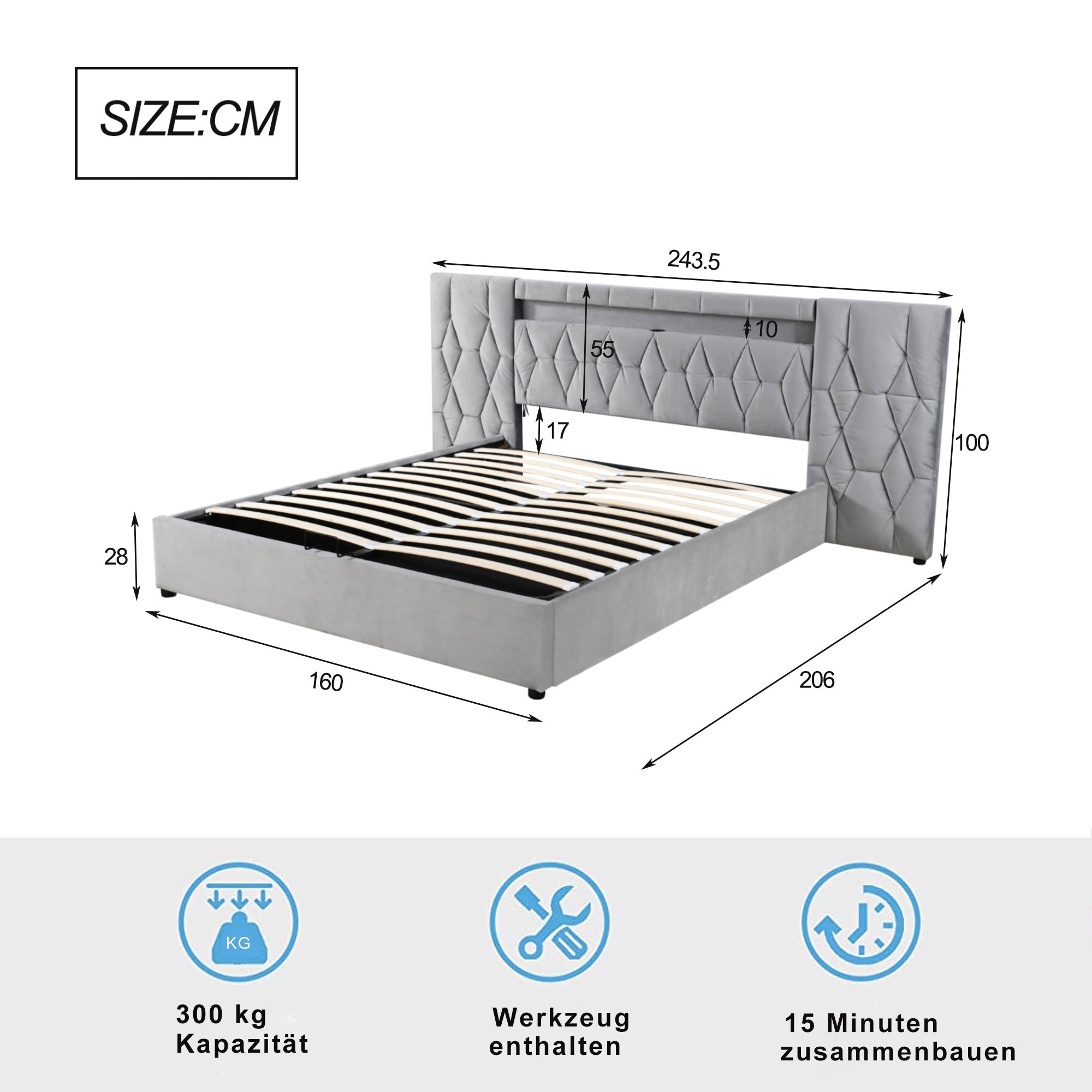 Logidon Elegant gestoffeerd bed 160x200 grijs met LED en USB opbergruimte