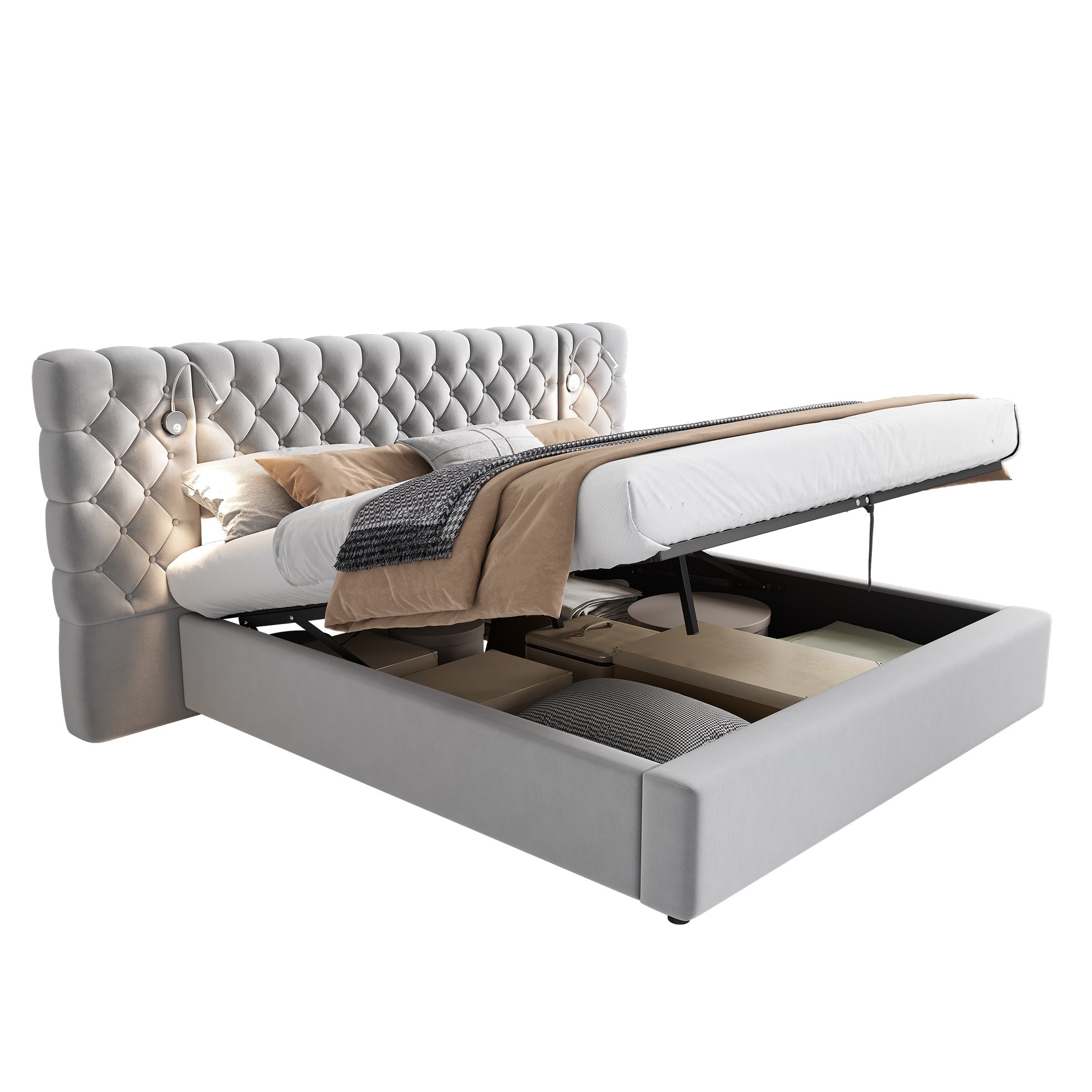 Logidon upholstered bed 180 x 200 cm with hydraulic storage space LED gray