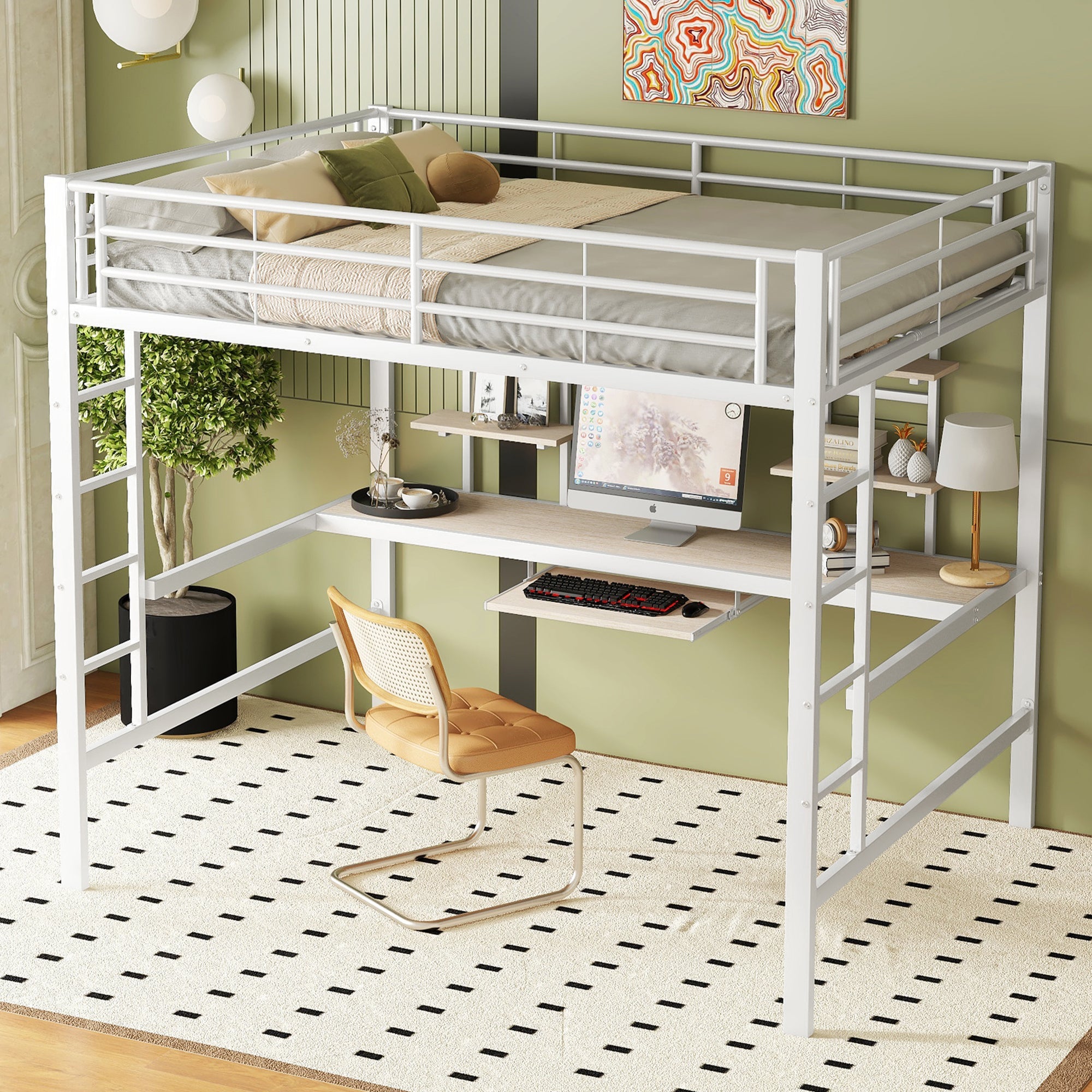Logidon hoogslaper 140x200 cm metalen bed met bureau en plank wit