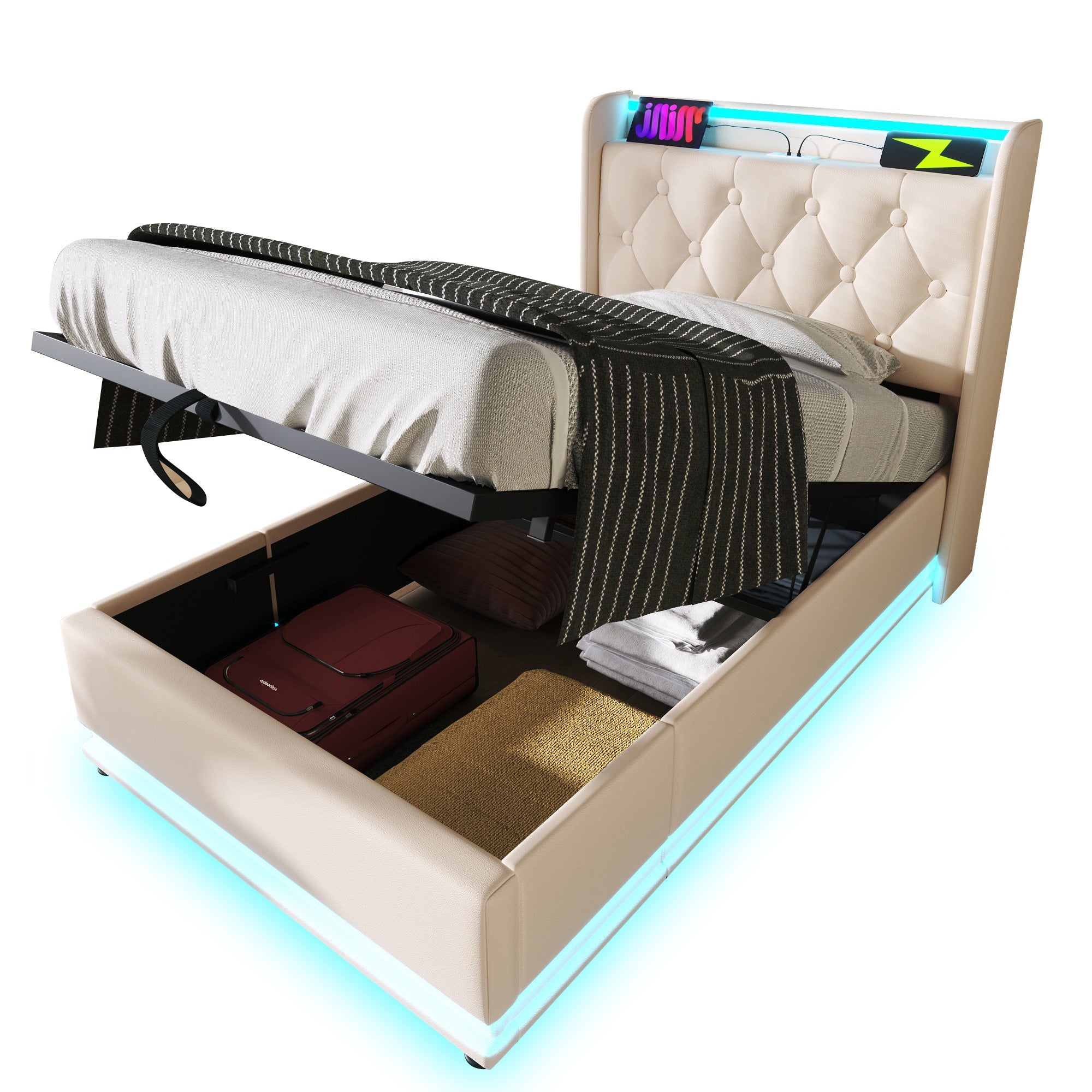 Logidon gestoffeerd bed eenpersoons 90x200 cm wit PU 360 SurroundLED USB C oplaadfunctie