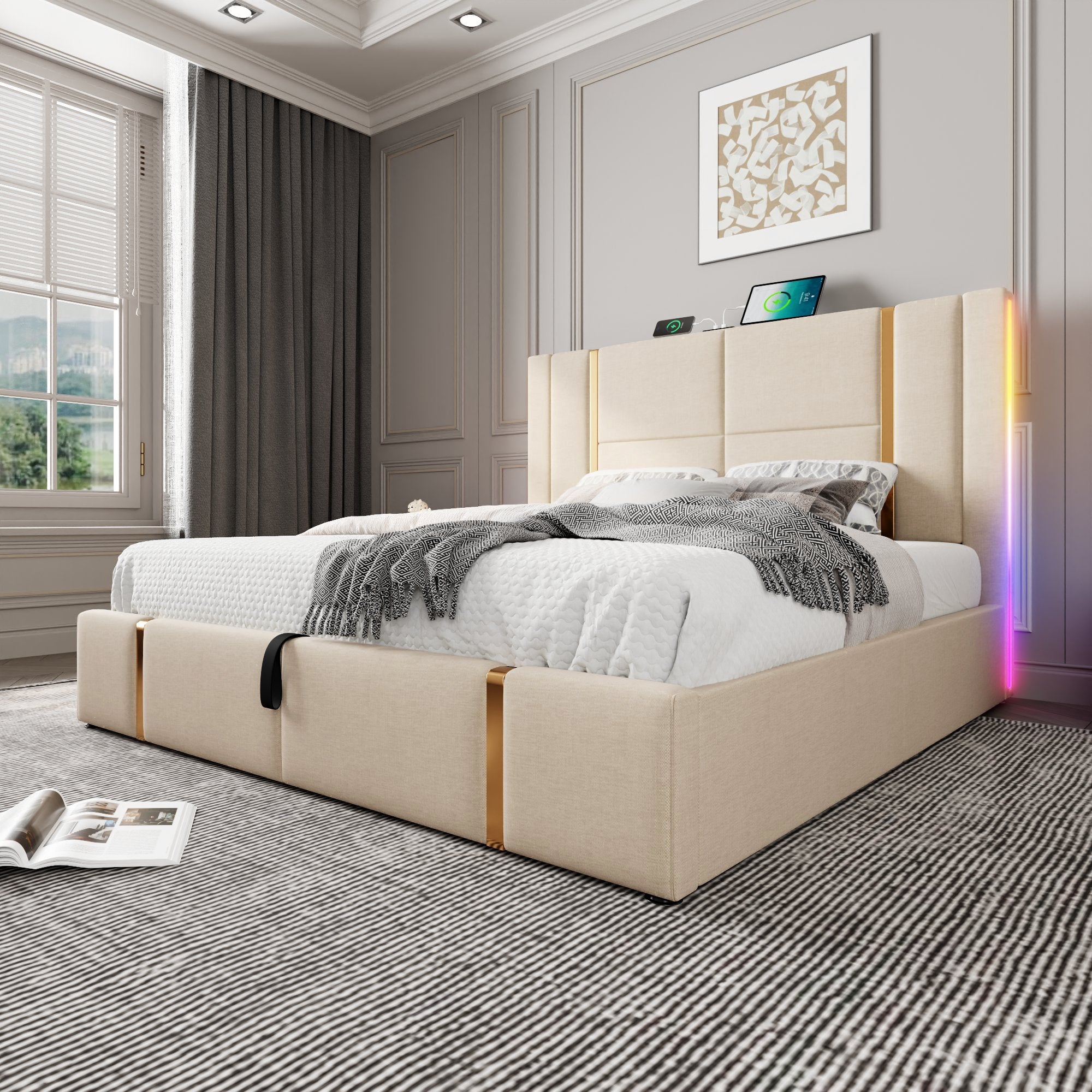Logidon double bed 140x200 USB C charging function APP LED beige linen