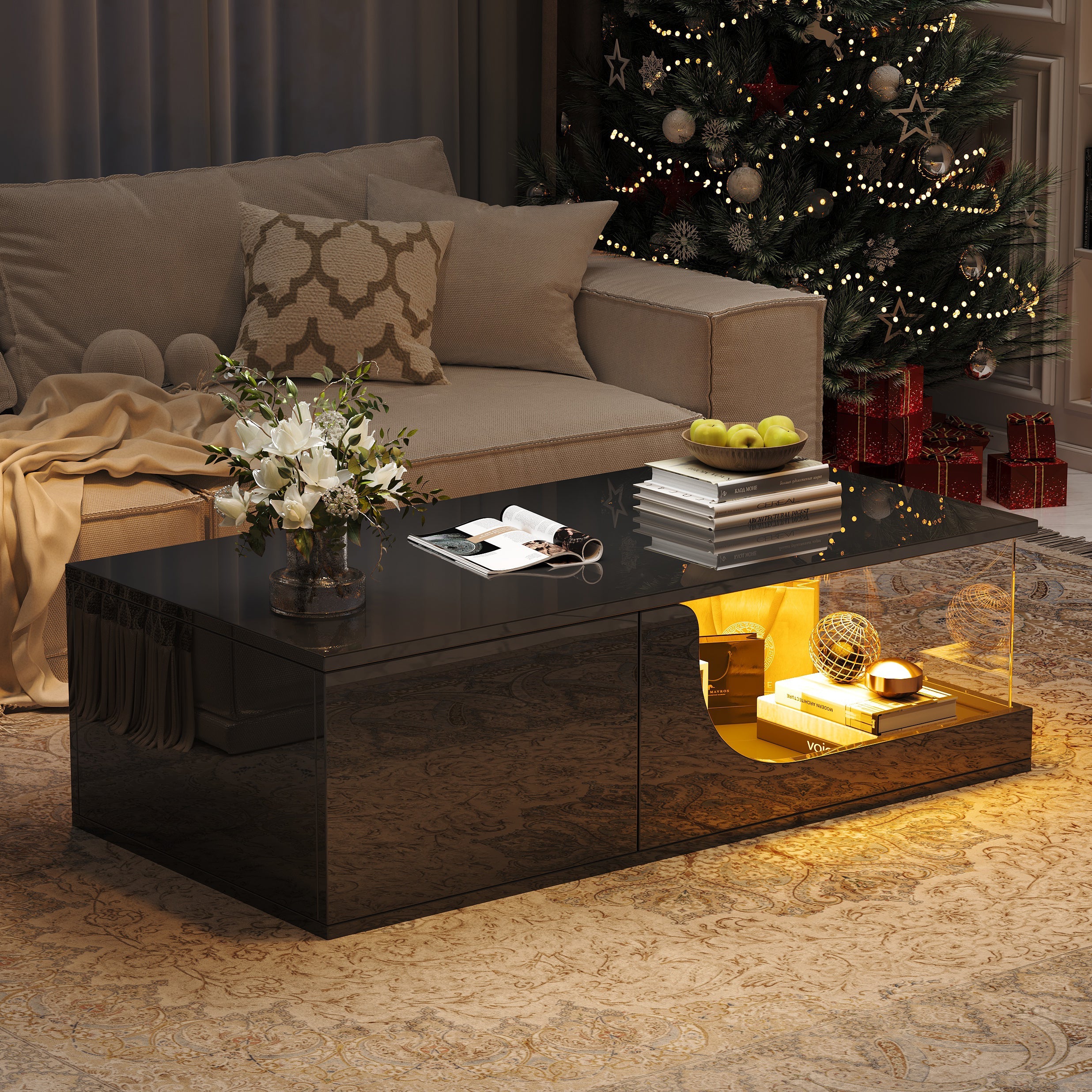 Logidon Zwarte hoogglans salontafel 100x50x30 cm LED-verlichting