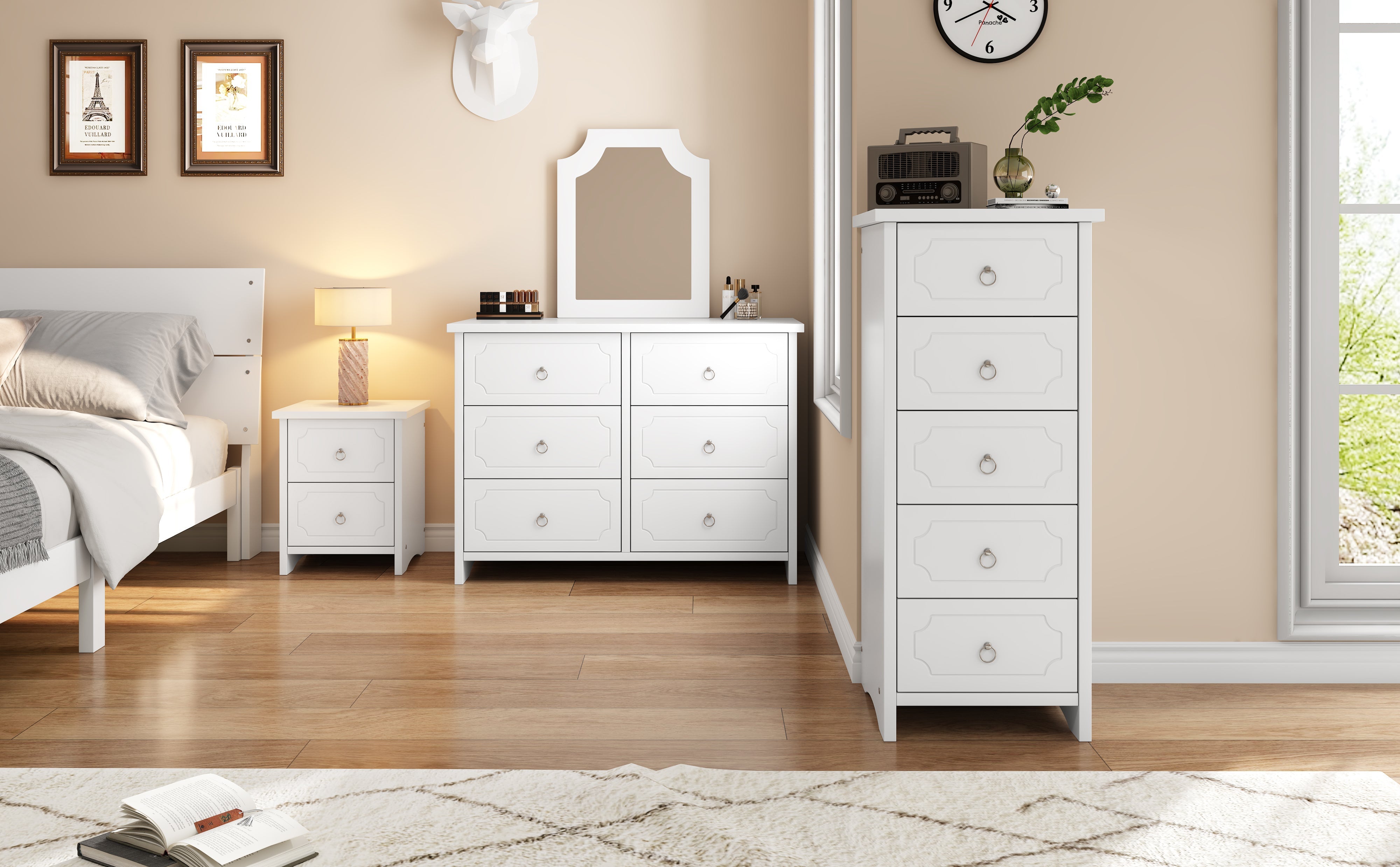 Logidon storage trio white bedside table mirror cabinet and 5 drawers