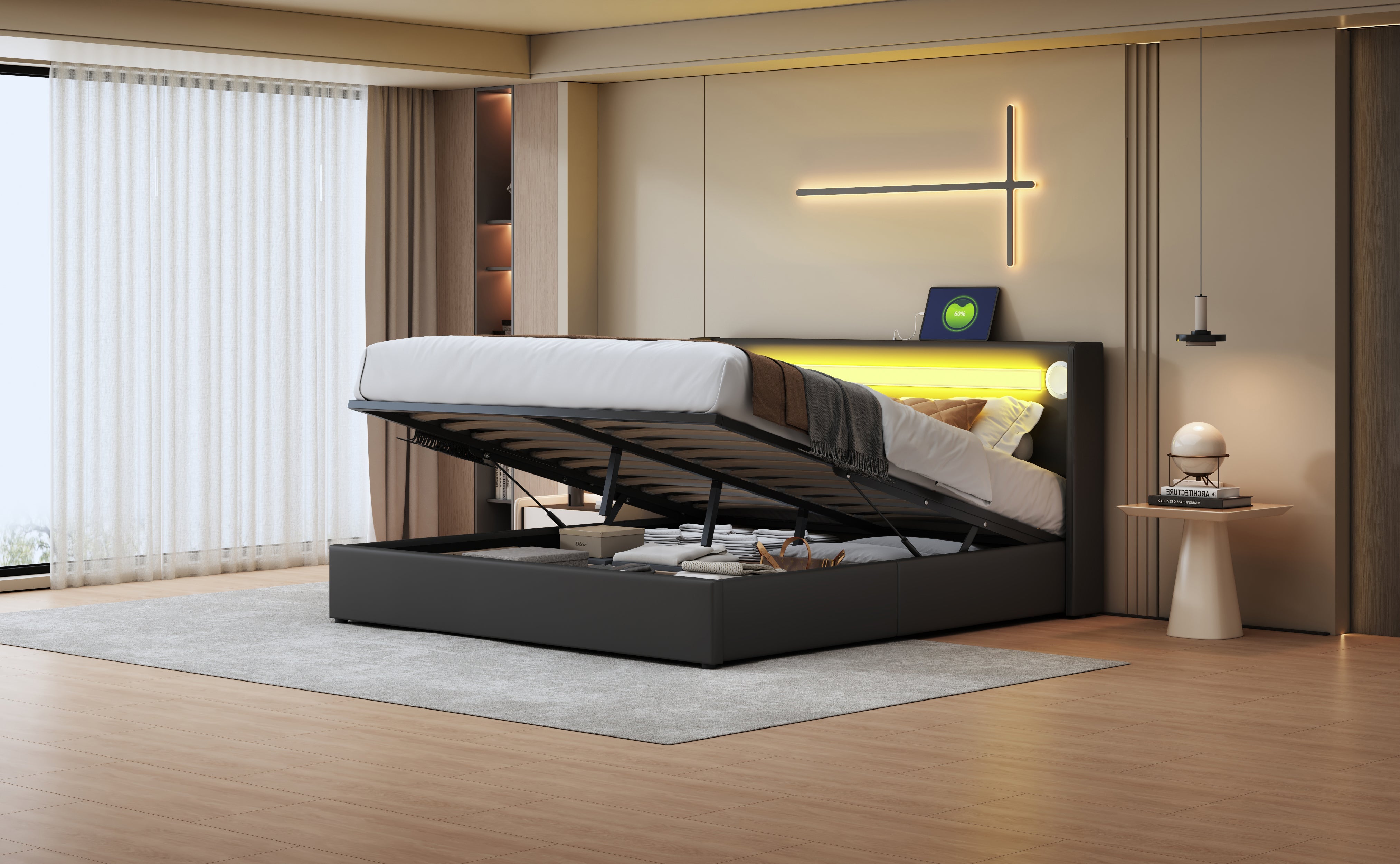 Logidon gestoffeerd bed 160x200 zwart met LED lichtstrip USB opladen