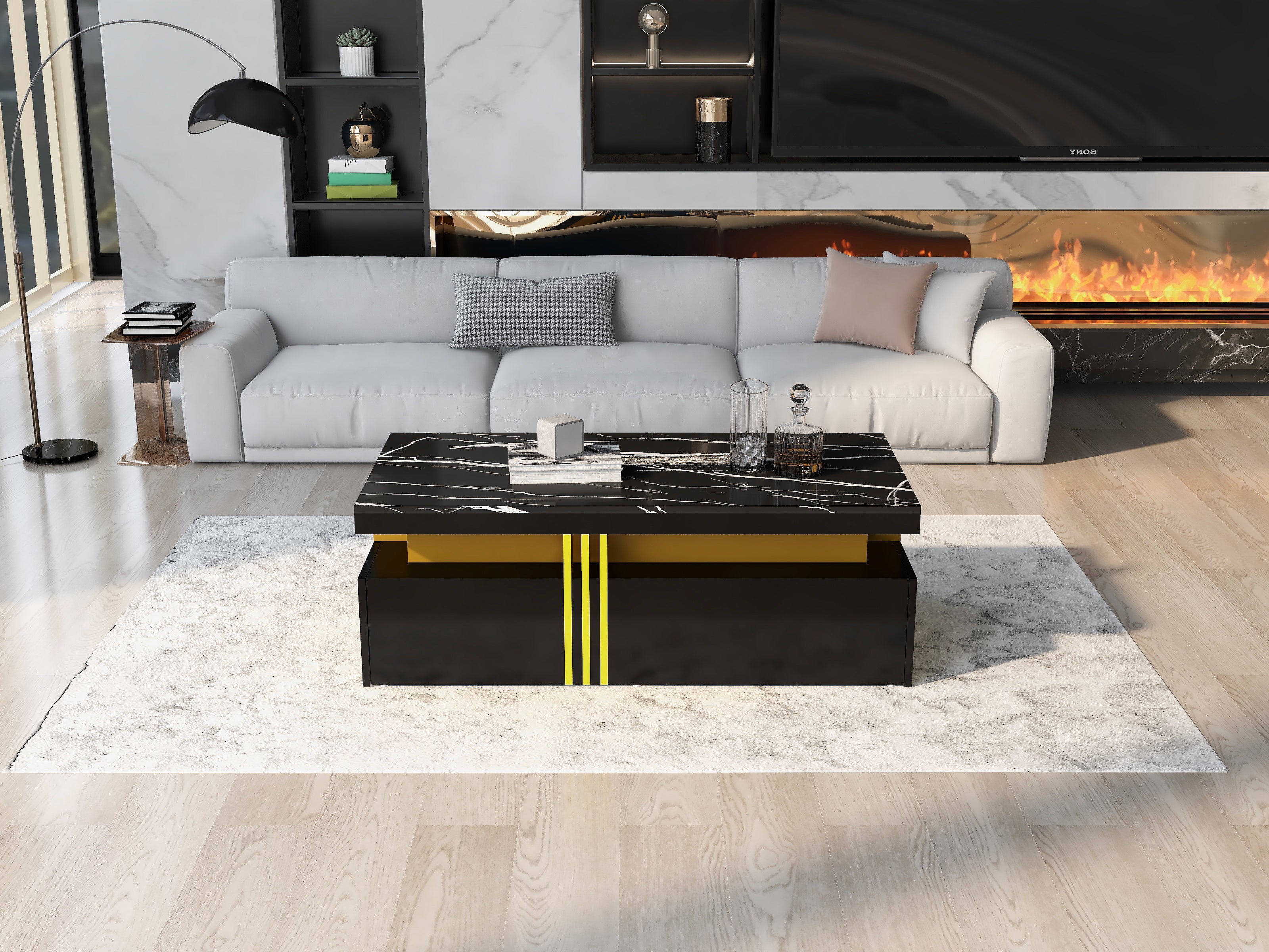 Logidon Zwarte tv-wandmeubelset 2 tv-kast salontafel marmerlook