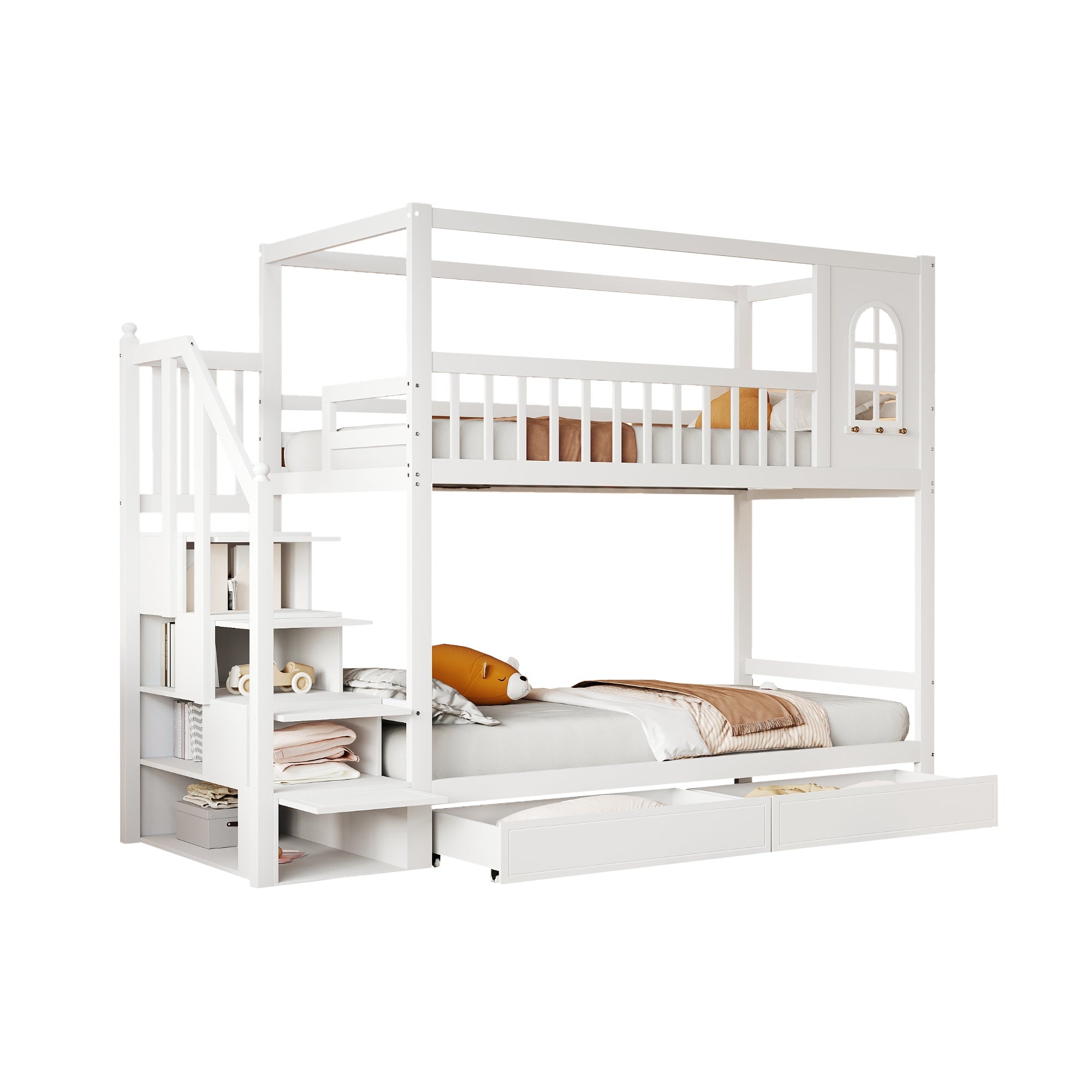Logidon stapelbed 90x200 cm wit massief houten huisvorm met lades