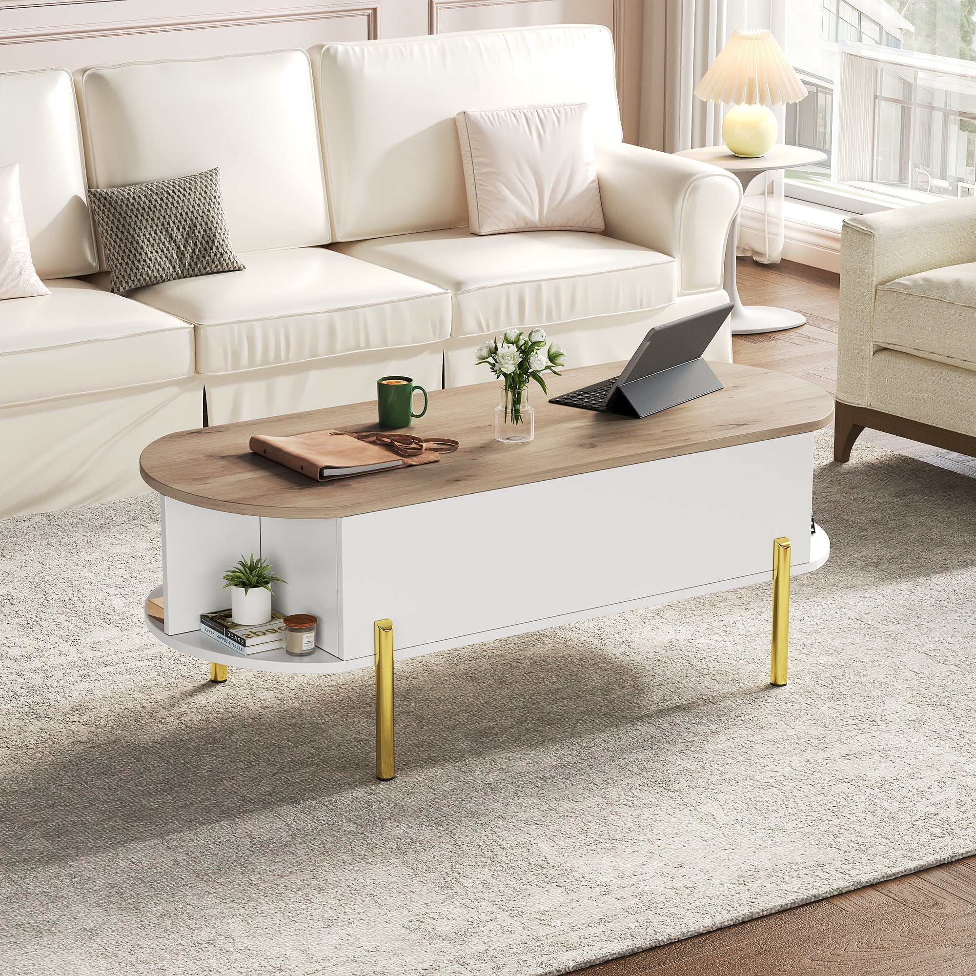 Logidon Verstelbare Salontafel 120x50x43 cm Met Opbergruimte Wit Hout