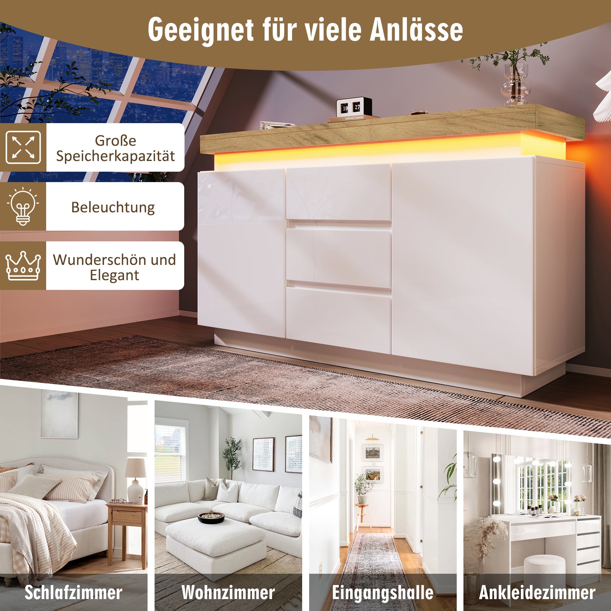 Logidon Wit Dressoir Met LED Verlichting 2 Deurs 3 Lades