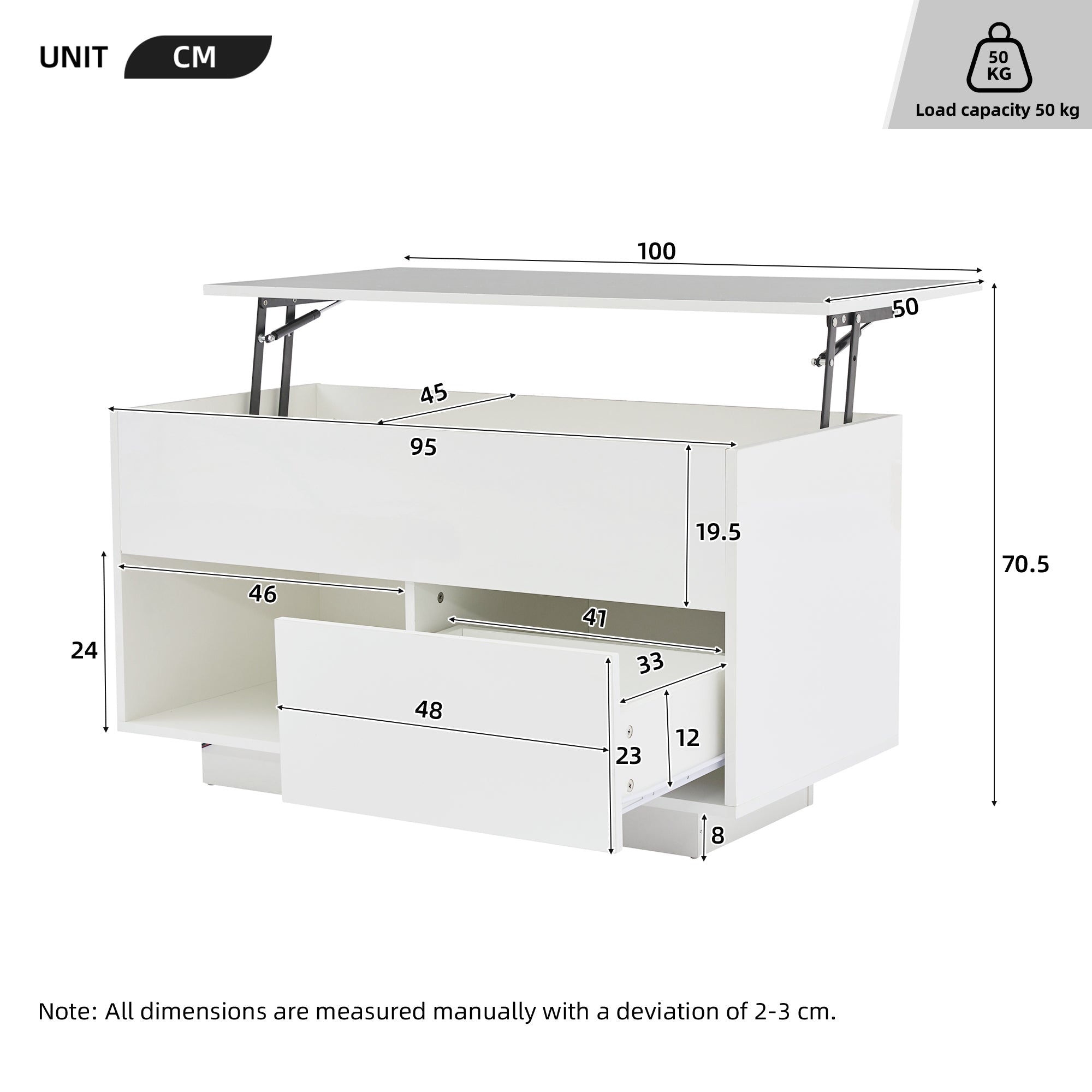 Logidon hoogglans hefsalontafel 100 x 50 cm witte LED-verlichting