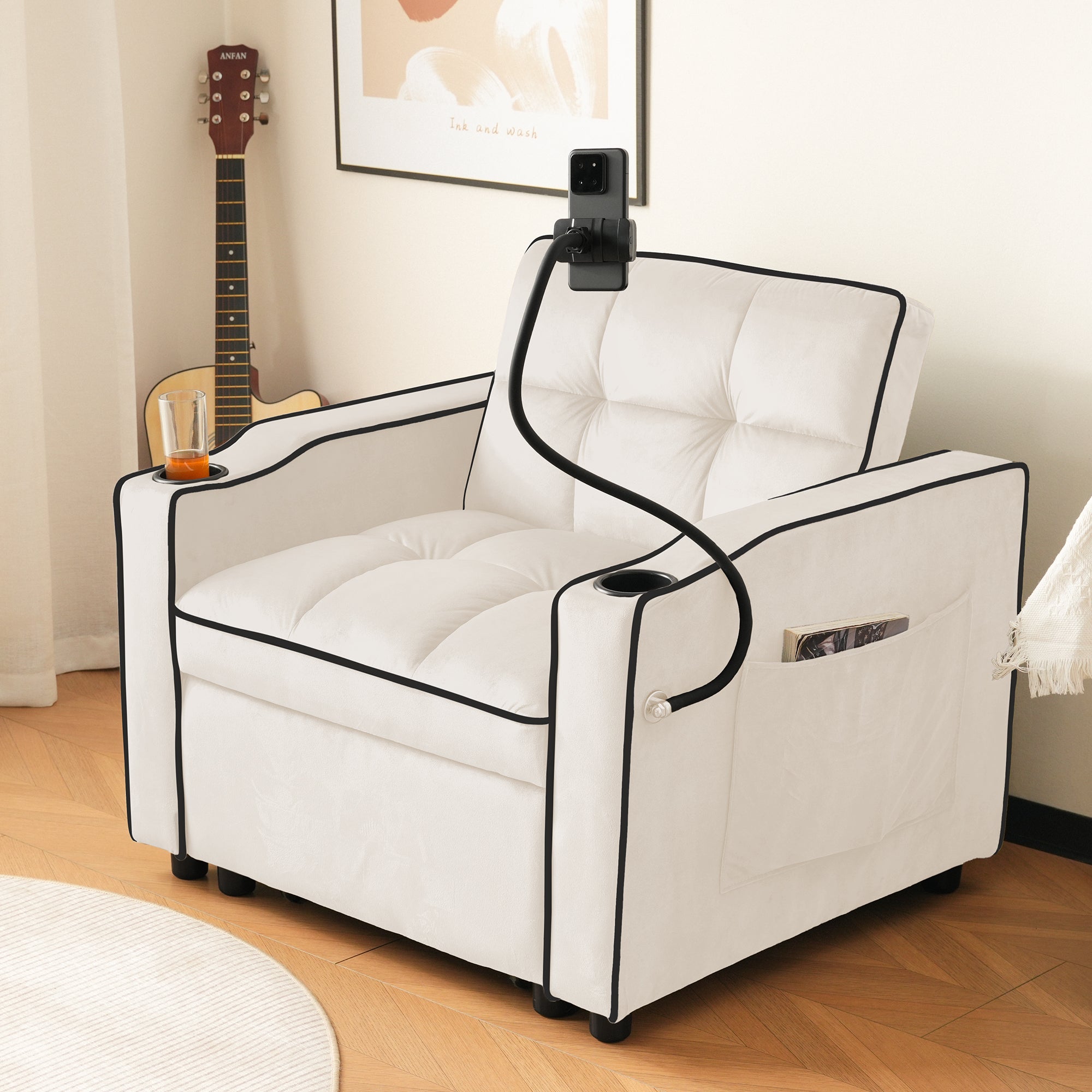 Logidon beige 3-in-1 uittrekbare slaapbank met bekerhouders