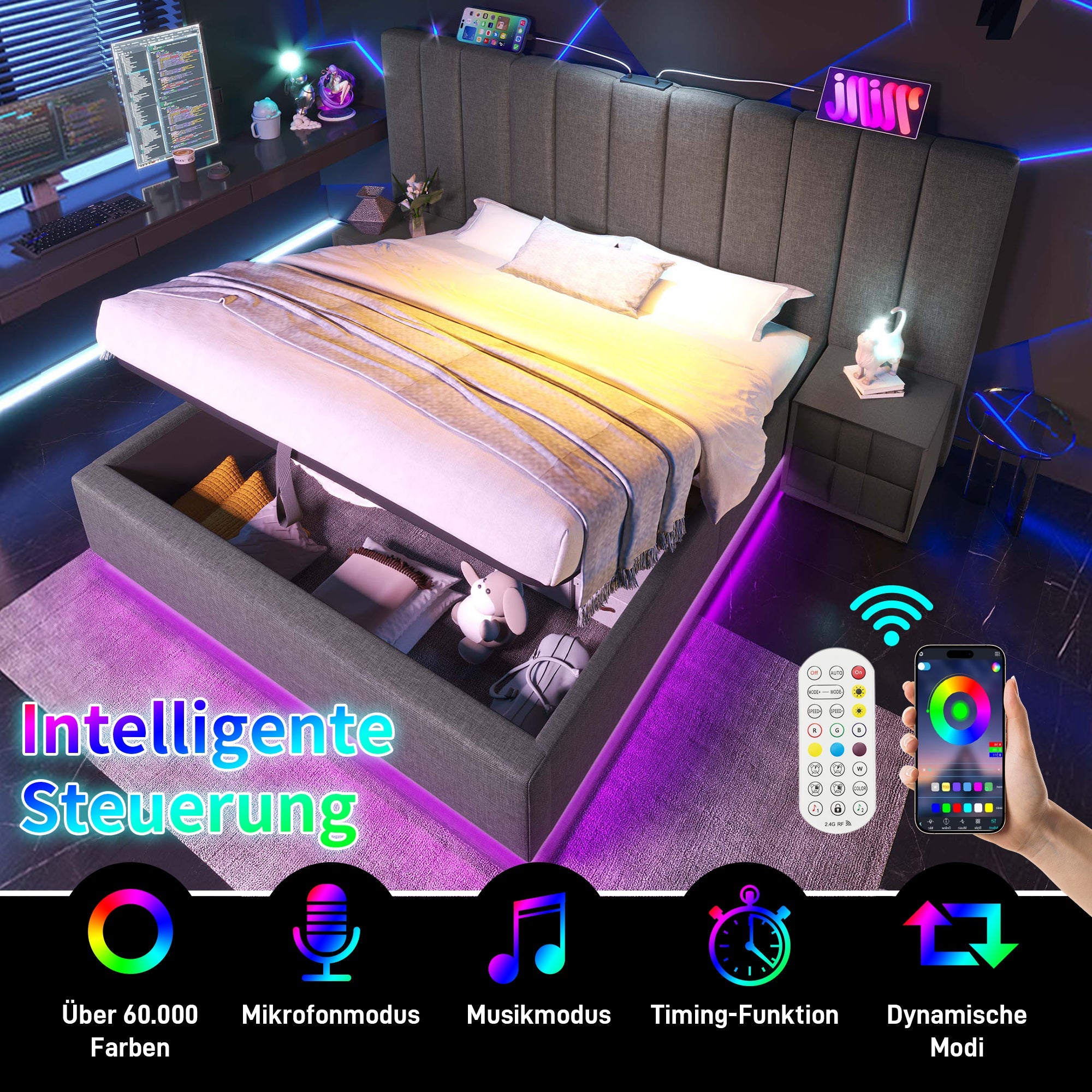 Logidon gestoffeerd bed 160x200 grijs met opbergruimte LED app bediening