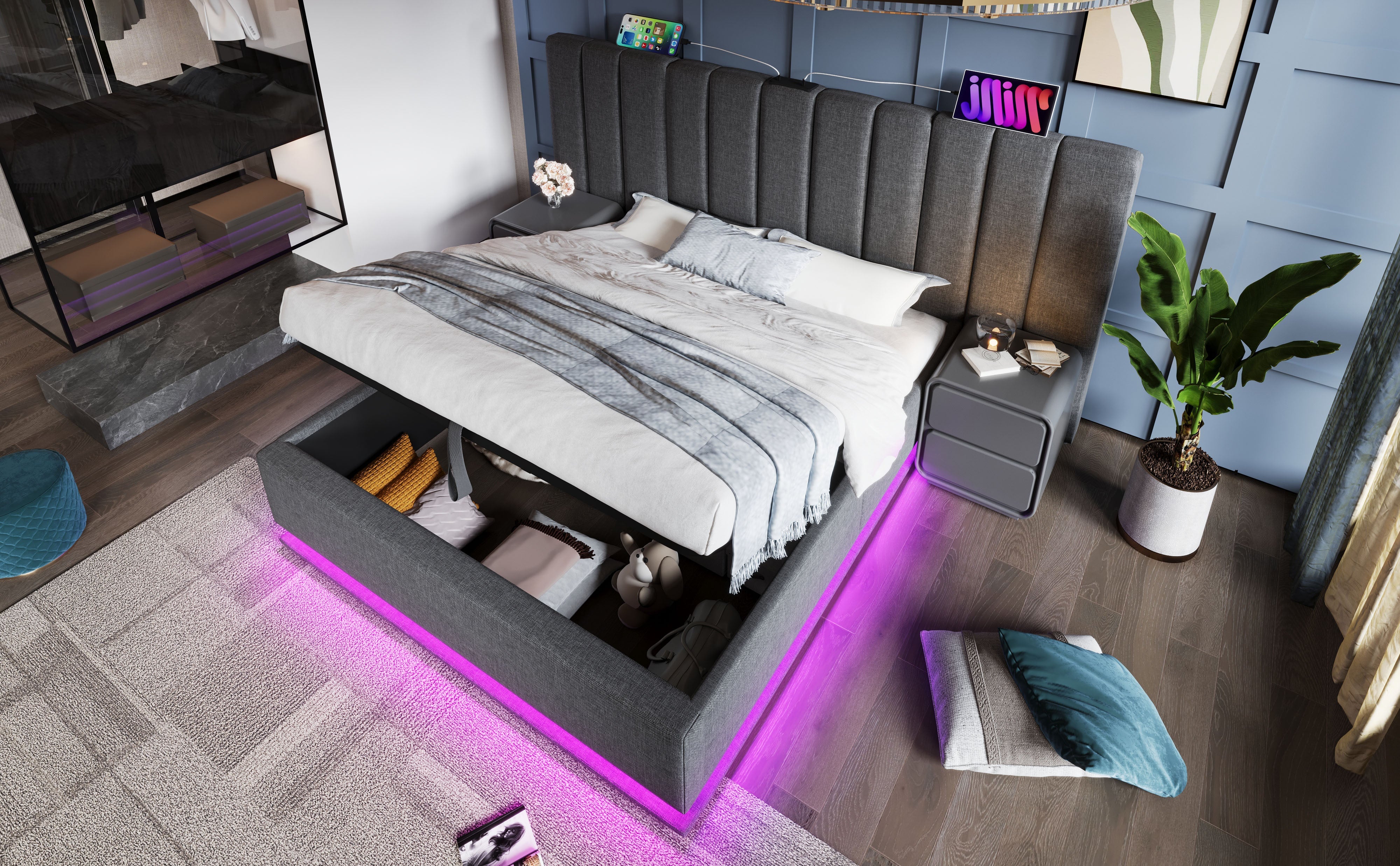 Logidon gestoffeerd bed 160x200 grijs met opbergruimte LED app bediening