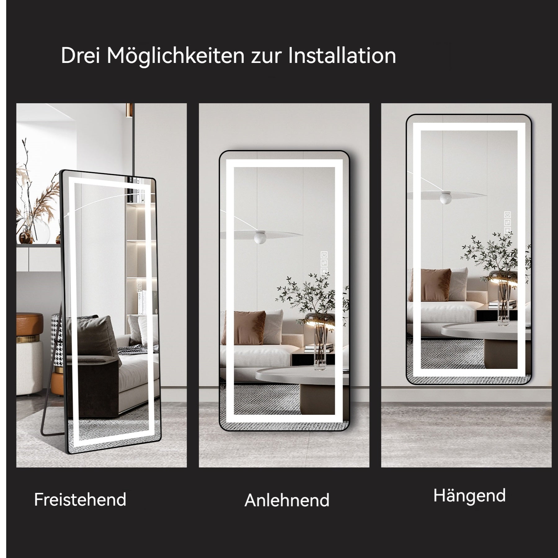 Logidon LED passpiegel 163x54 cm Dimbare verlichting, zwarte lijst