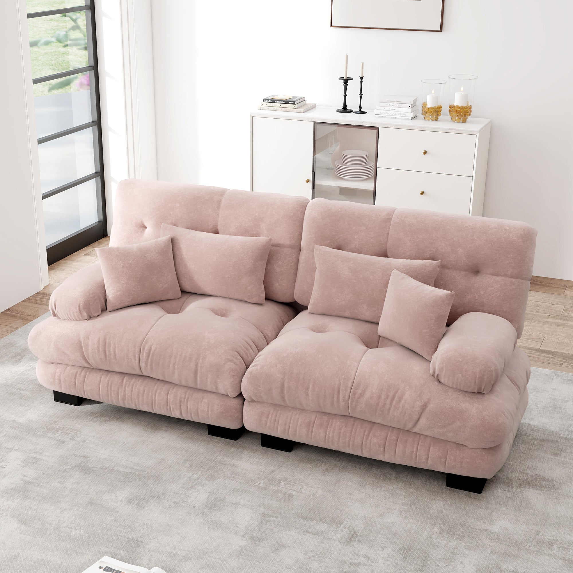 Logidon hoekbank fluweel roze vintage chenille 220 cm met lendenkussen
