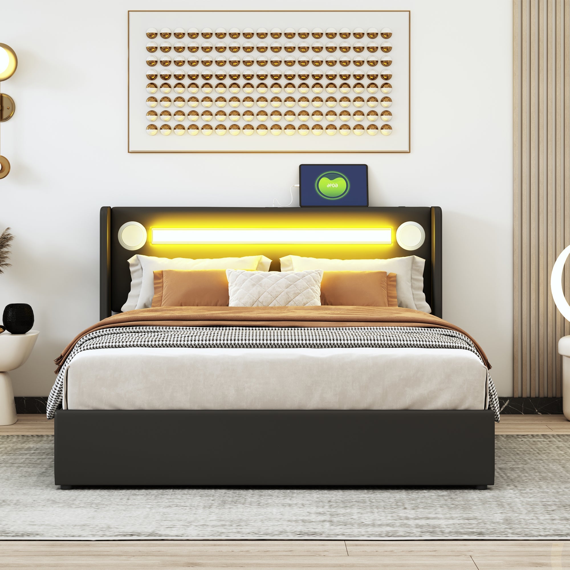 Logidon gestoffeerd bed 140x200 zwart met LED lichtstrip Bluetooth en USB