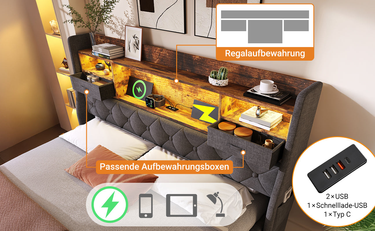 Logidon gestoffeerd bed 160x200 cm met opbergruimte, LED-hoofdbord, USB-C