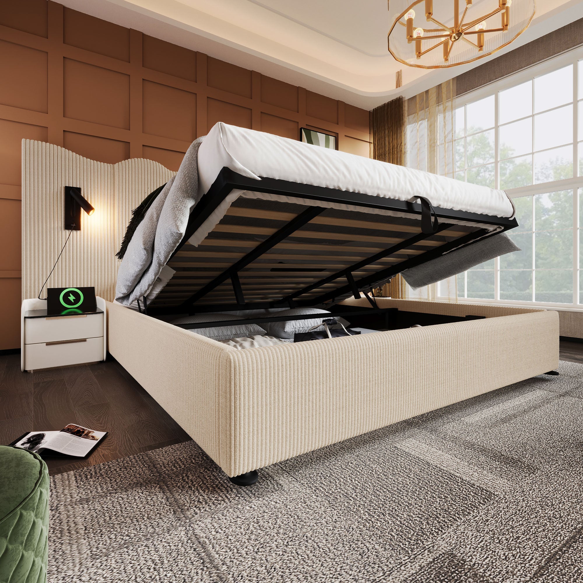 Logidon gestoffeerd bed tweepersoonsbed 180x200 beige-wit leeslamp USB-C opladen