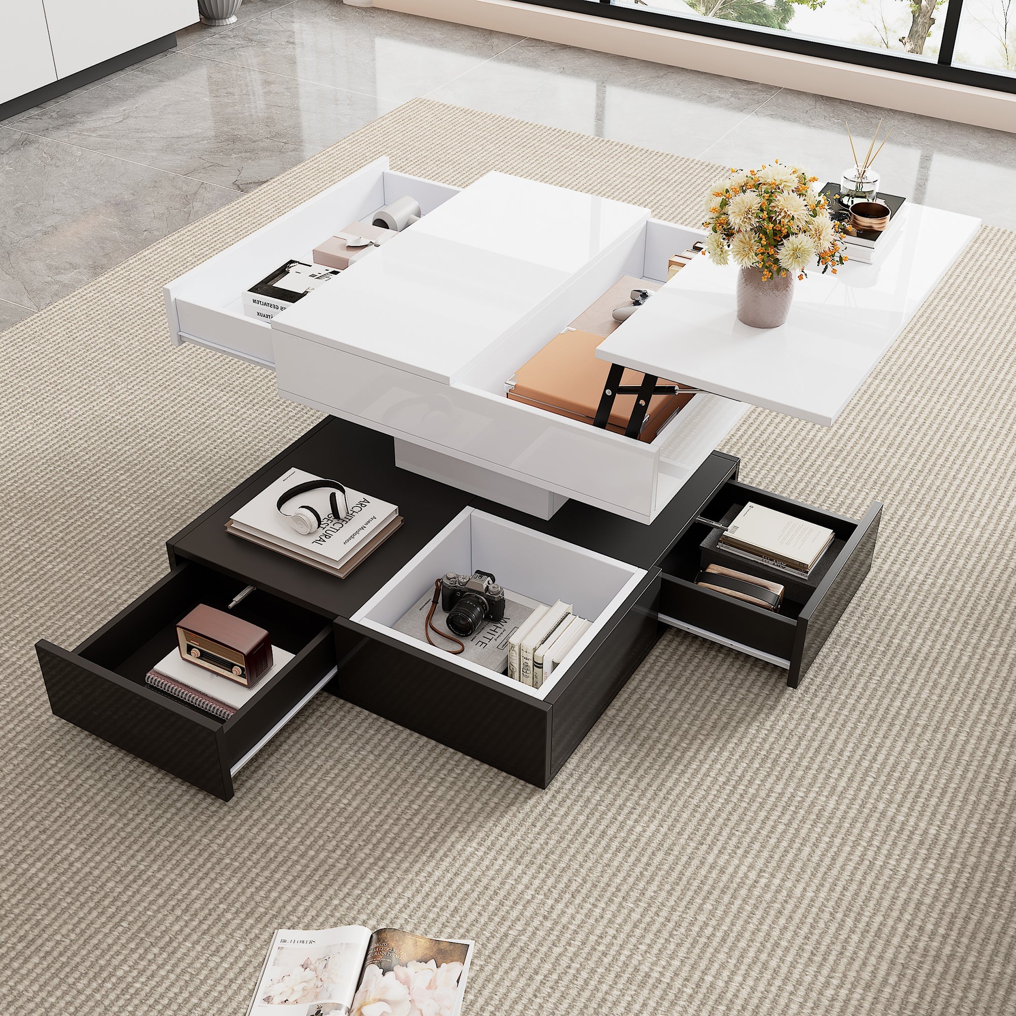 Logidon salontafel 70x70 hefblad 360 graden draaibaar 3 lades wit
