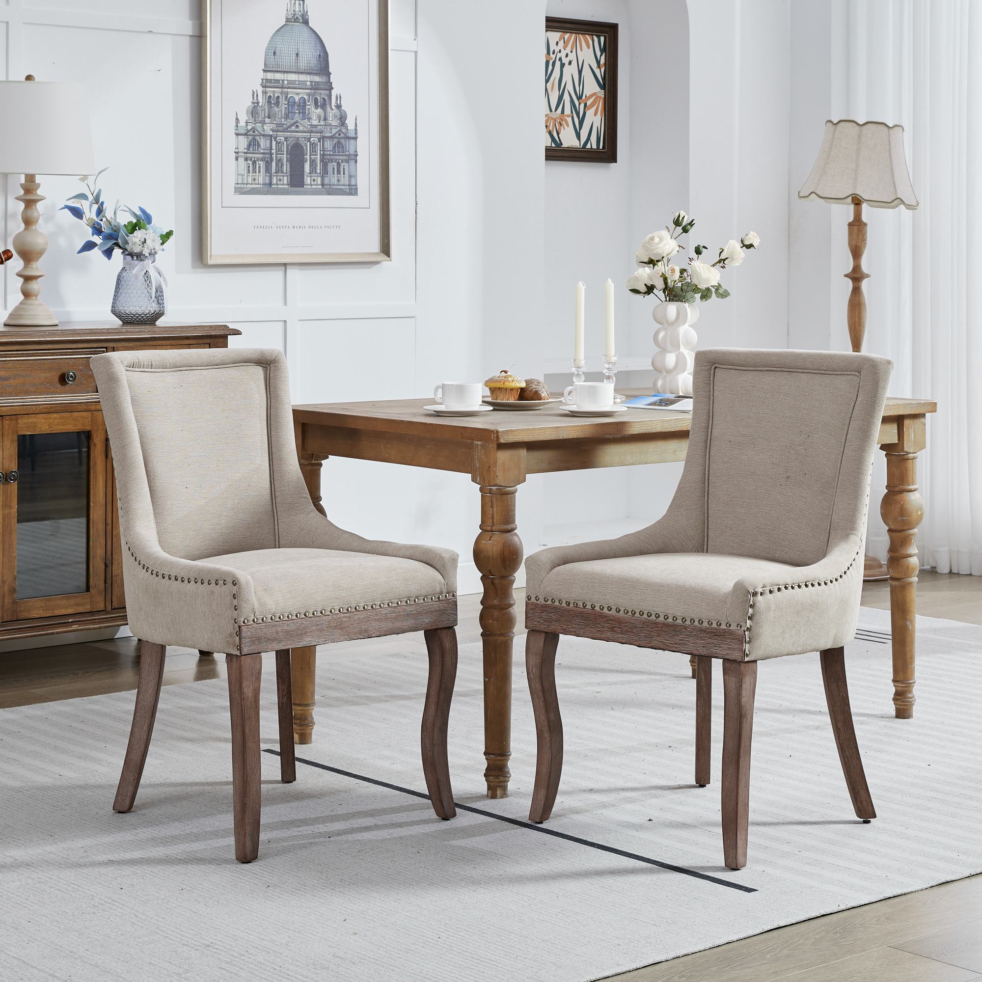 Logidon Ultra Side Dining Chair Beige Set Of 2 Bronze Nail Studs