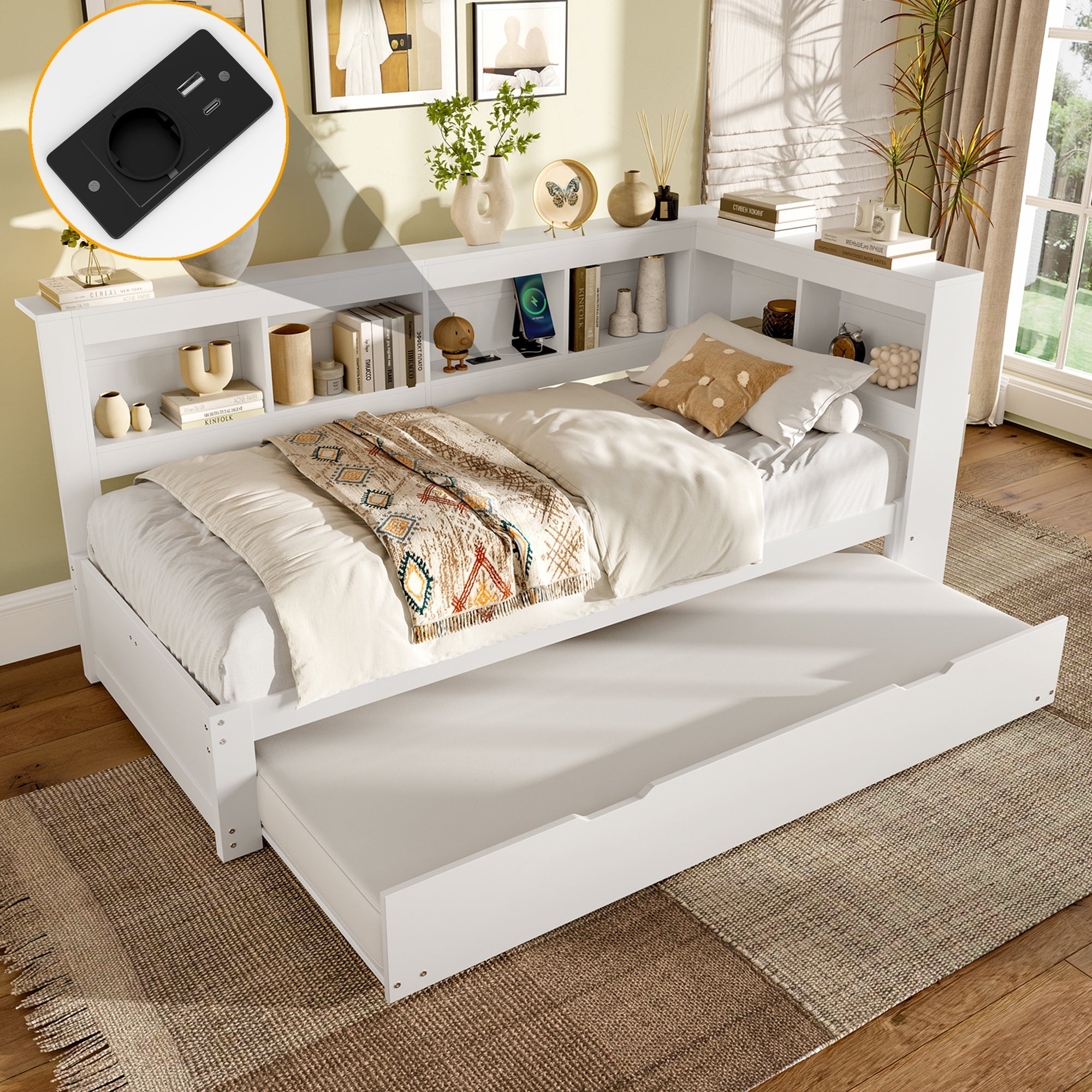 Logidon Daybed 90x200 cm witte slaapbank met USB-aansluiting