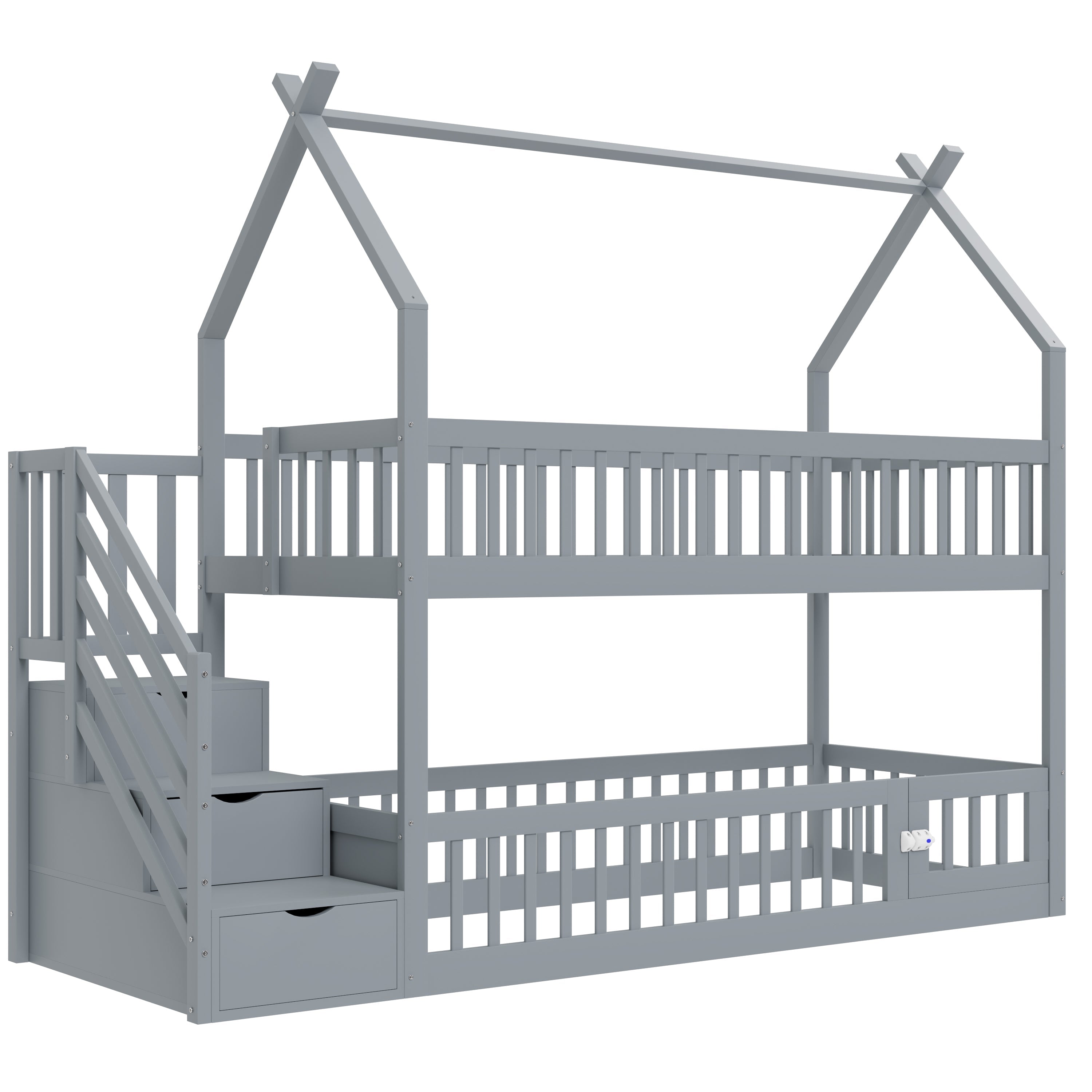 Logidon Bunk Bed 90x200 Gray With Roof Safety Stairs Storage Space