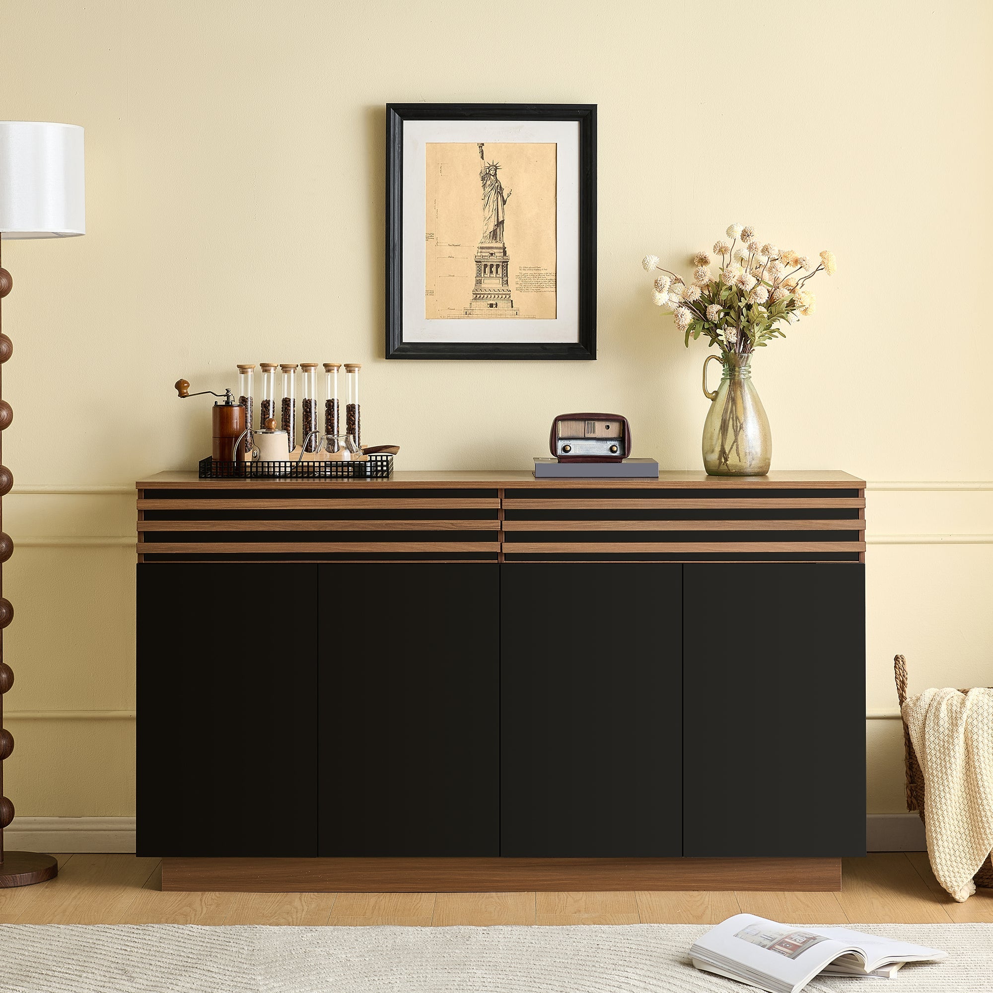 Logidon Modern dressoir 150 x 40 x 85 cm houtlook zwarte deuren