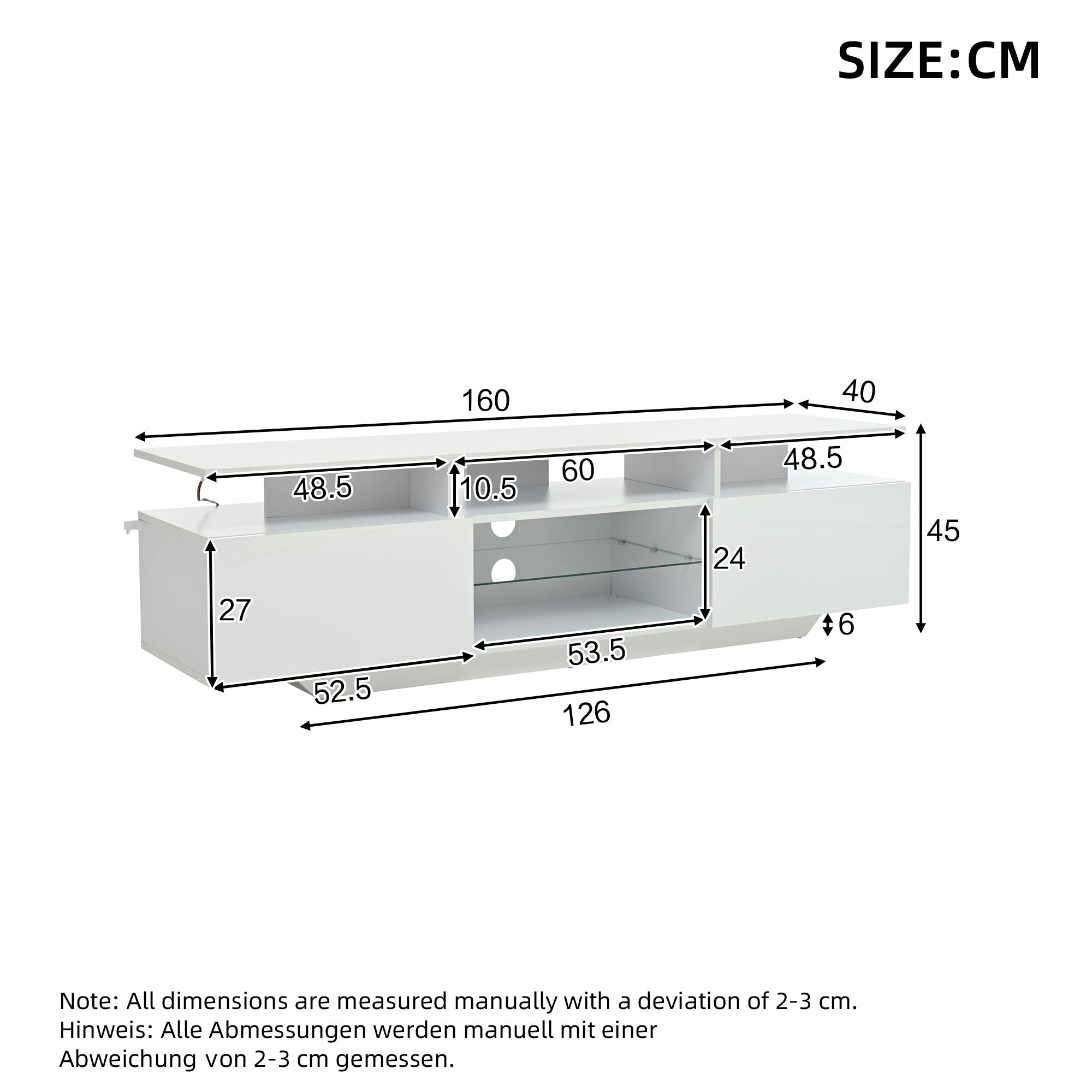 Logidon TV-meubel hoogglans wit 160 x 40 x 45 cm met LED lichtstrip glasplanken