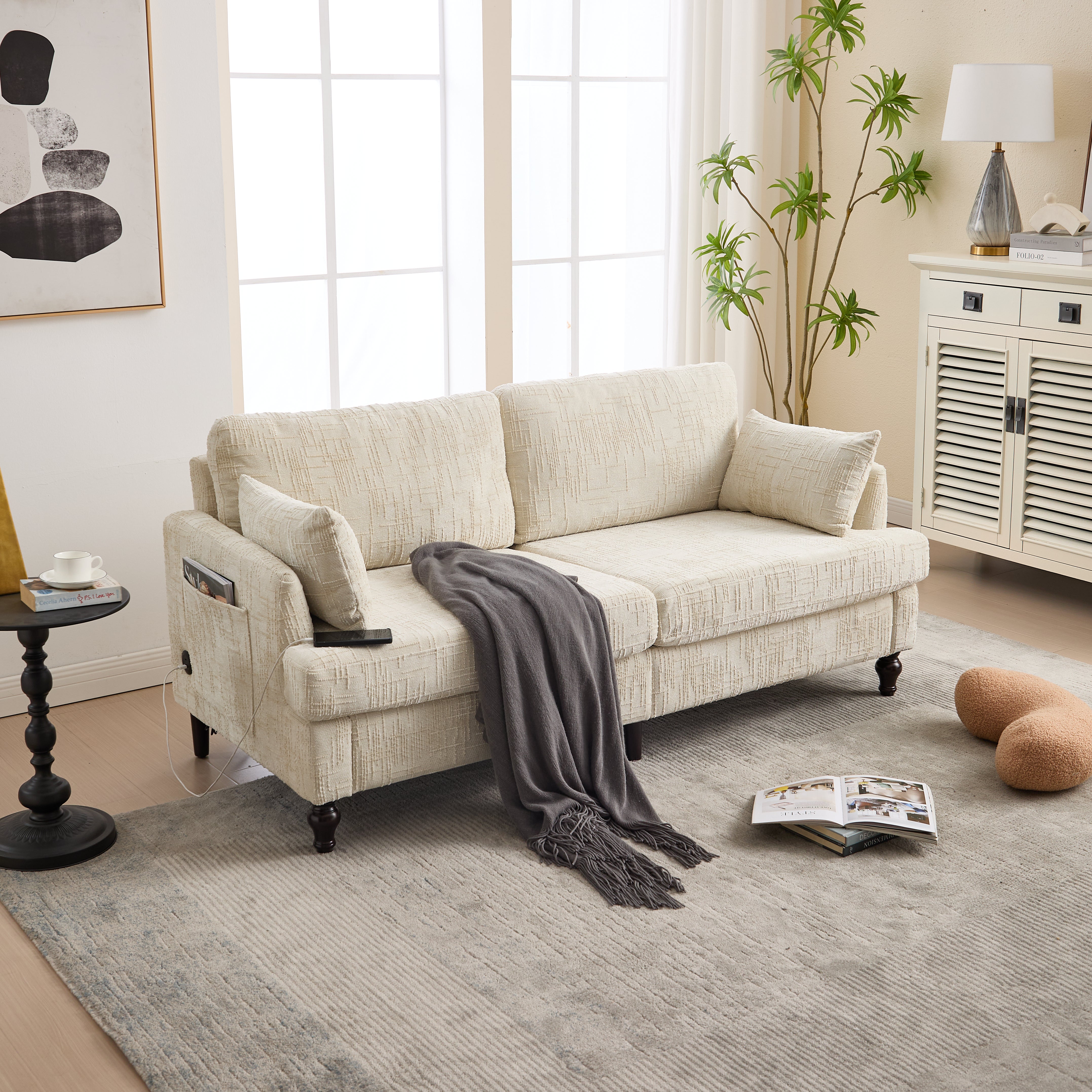 Logidon tweezitsbank van chenille, beige LED-USB-opbergruimte, houten poten