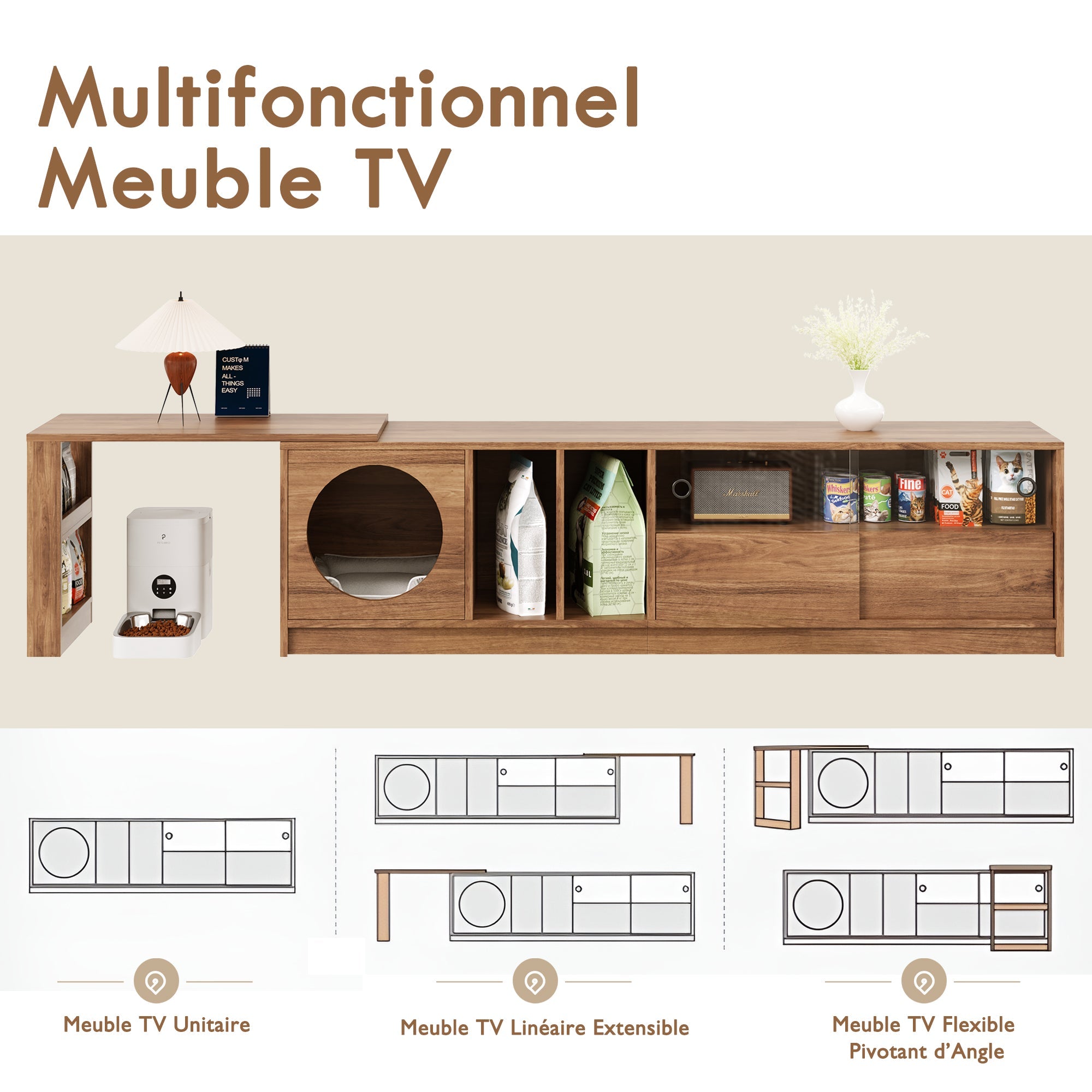 Logidon draaibaar tv-meubel 180-260 cm walnoot uitschuifbare glazen deuren