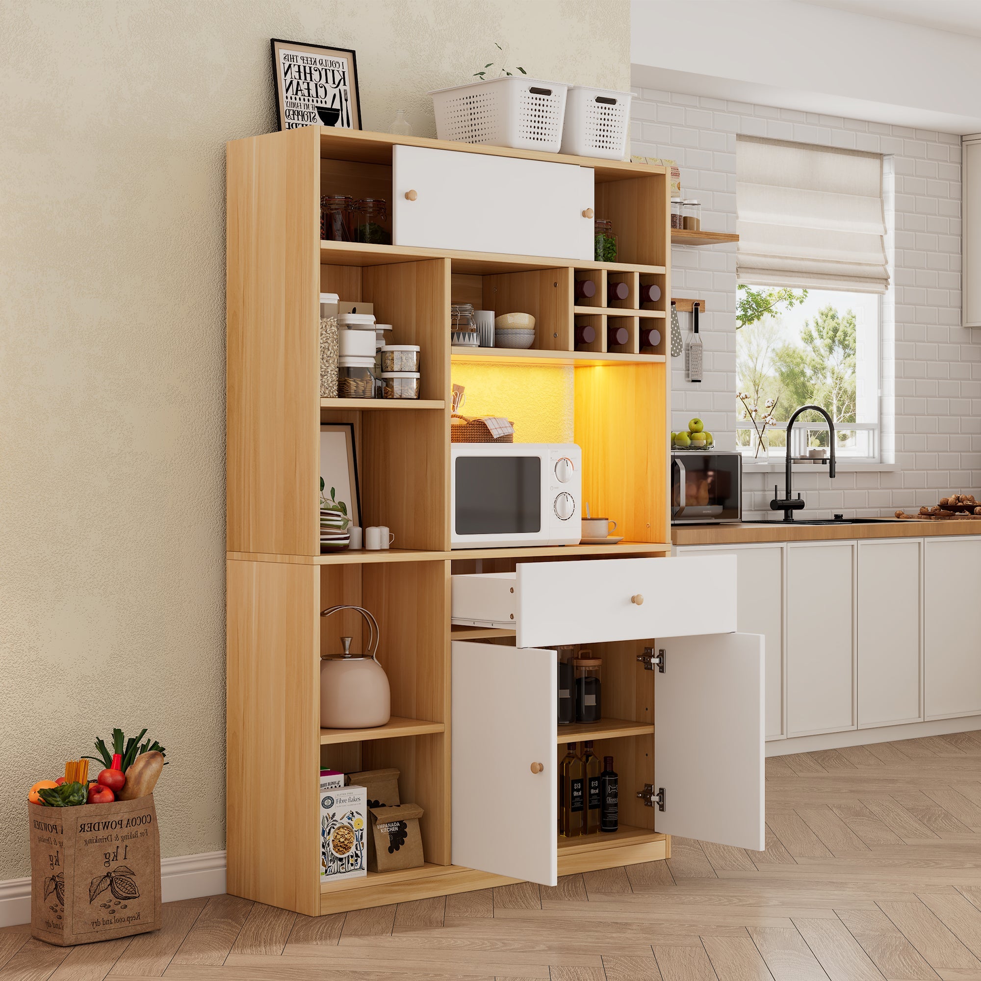 Logidon keukenkast buffet met LED-verlichting, 115x35x180 cm, naturel