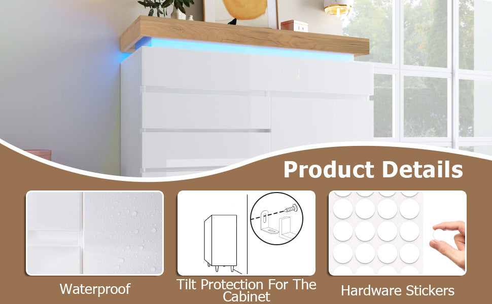 Logidon high gloss chest of drawers white LED lighting app control 2 doors