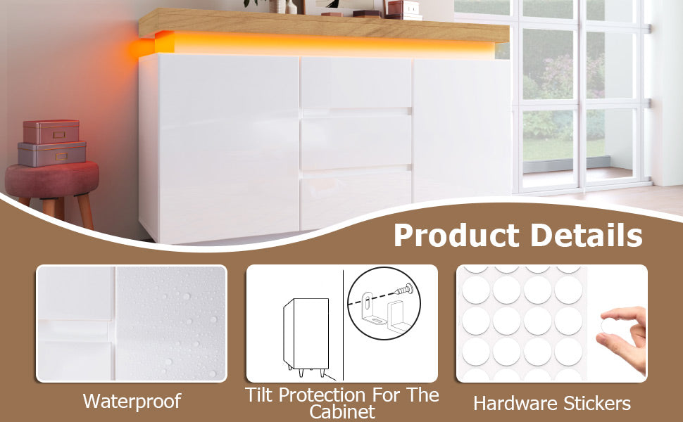 Logidon Wit Dressoir Met LED Verlichting 2 Deurs 3 Lades