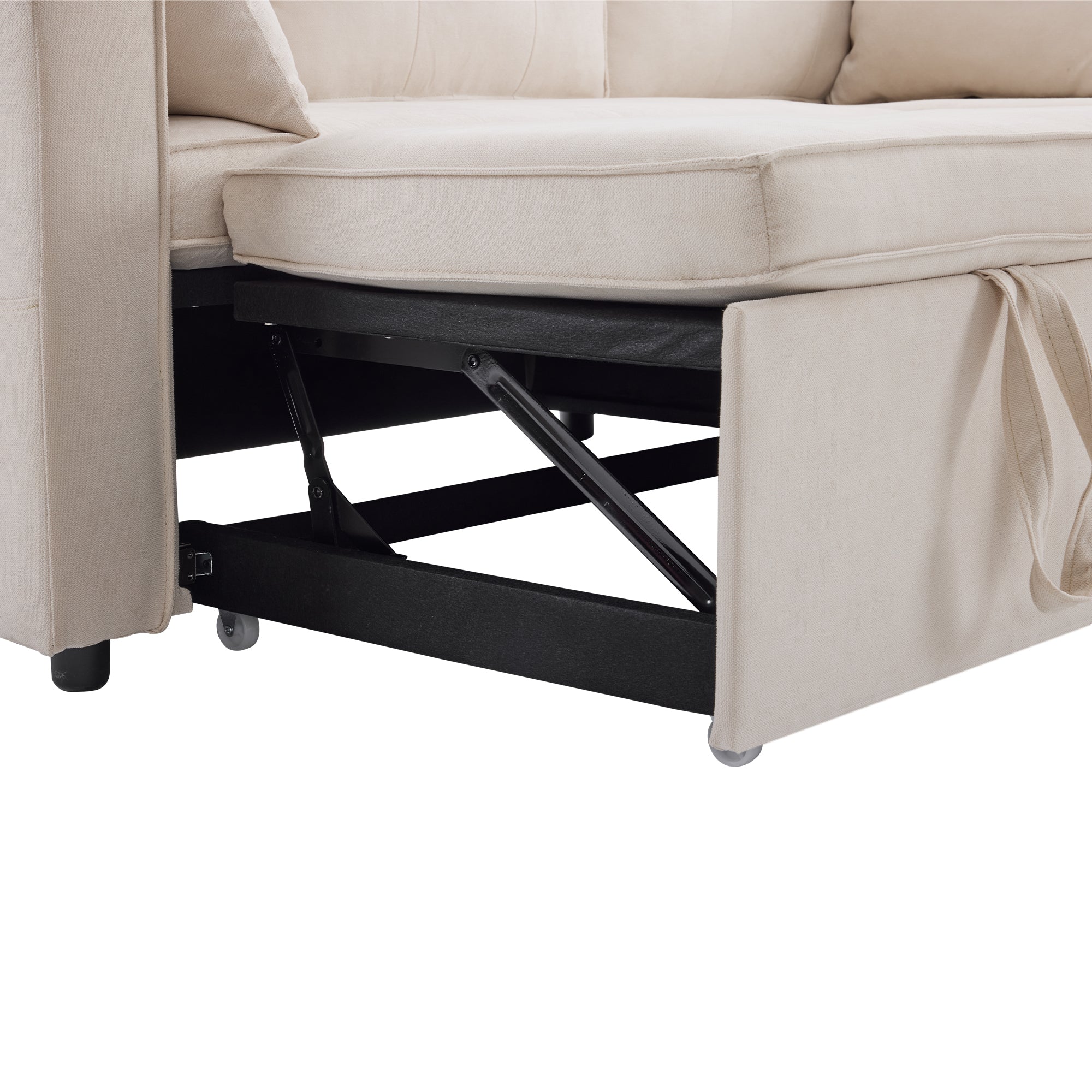 Logidon slaapbank L-vorm beige stof met opbergruimte en bekerhouder