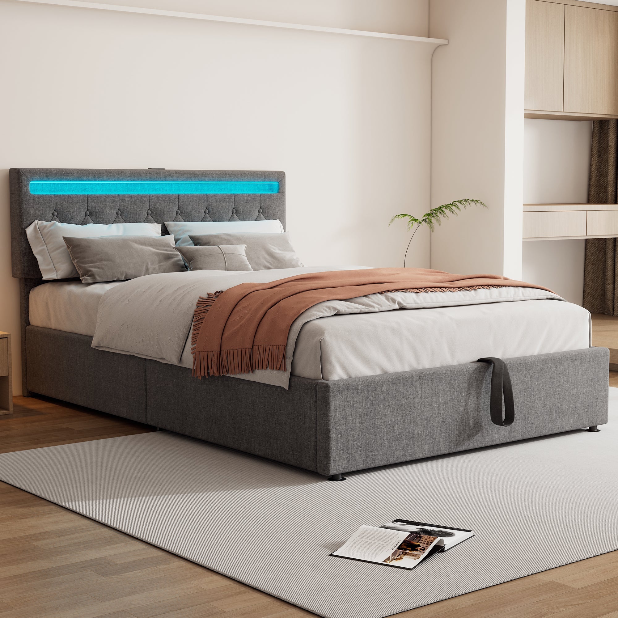 Logidon 140x200 cm gewatteerd bed met sfeerlichtopberger grijs