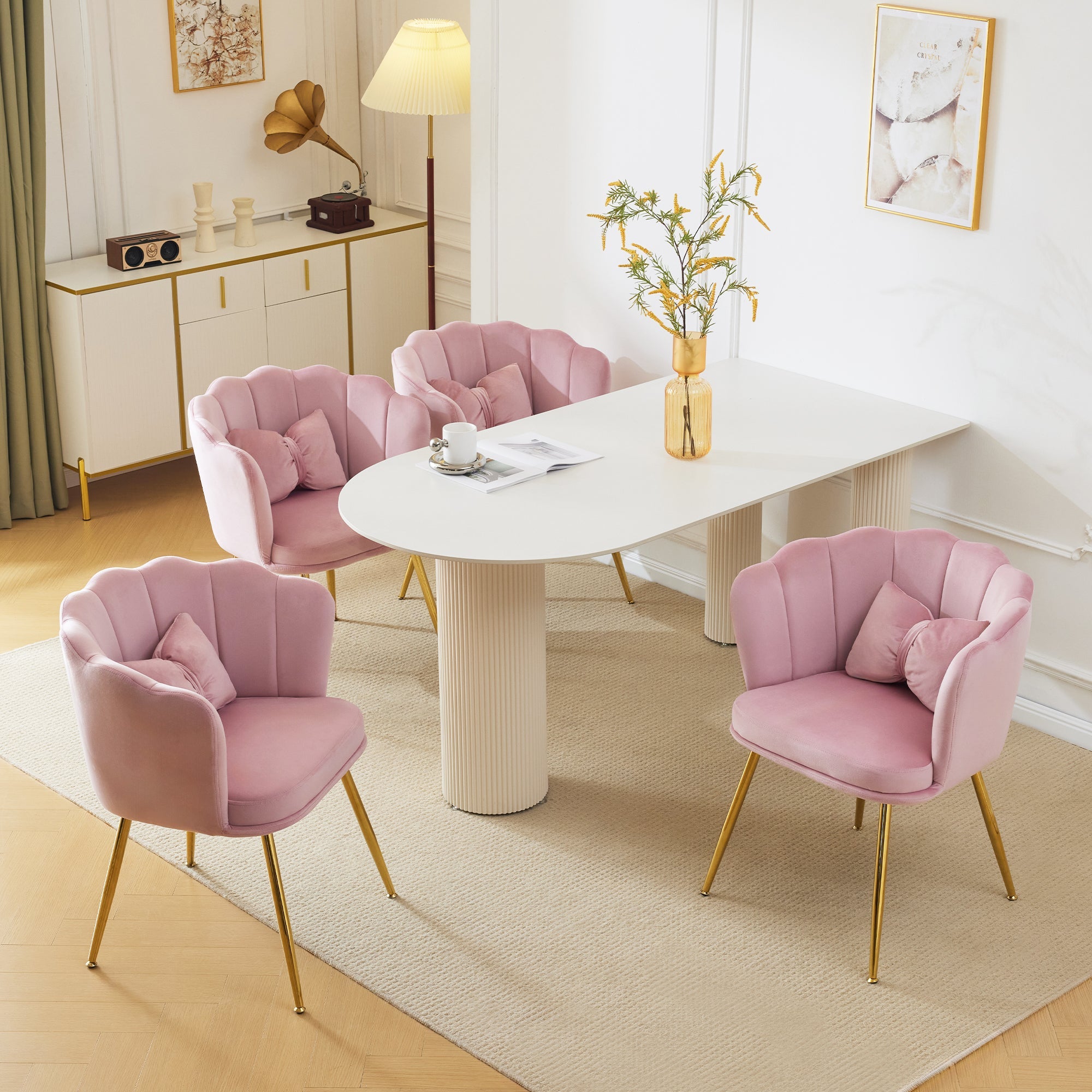 Logidon Set of 4 Pink Velvet Chairs with Petal Backs and Gold Legs