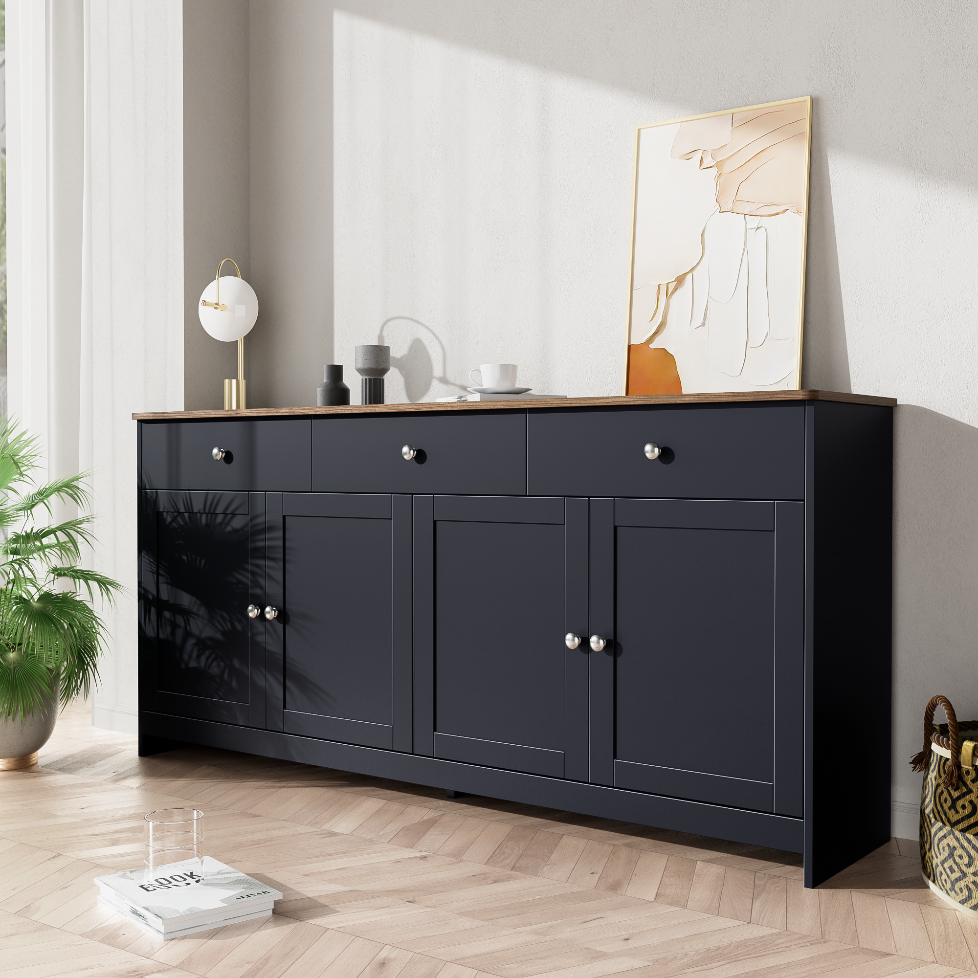 Logidon Dressoir Grijs Zwart Met Houtnerf 4 Deurs Drie Laden