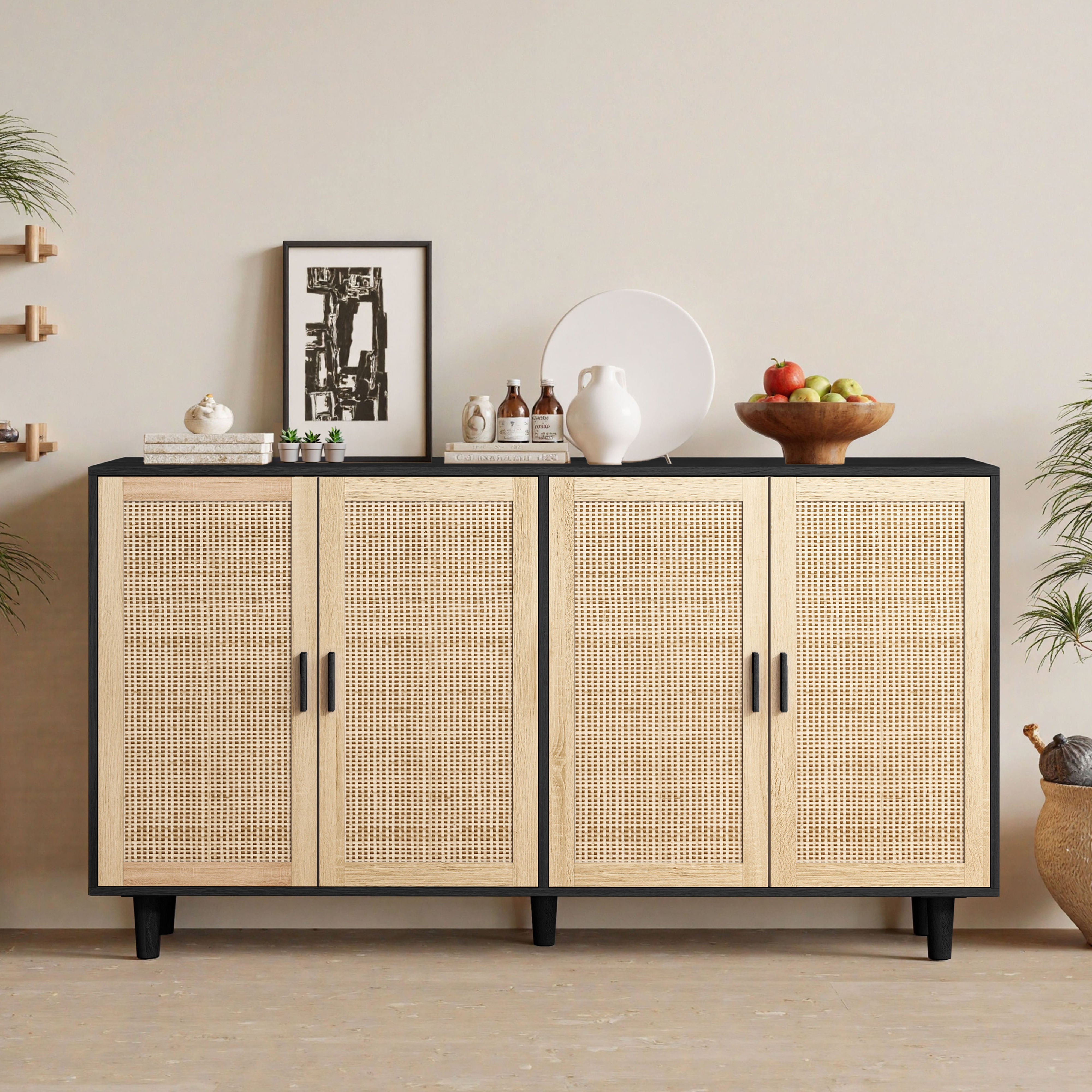 Logidon 158 cm elegante rotan opbergkast met 4 deuren zwart